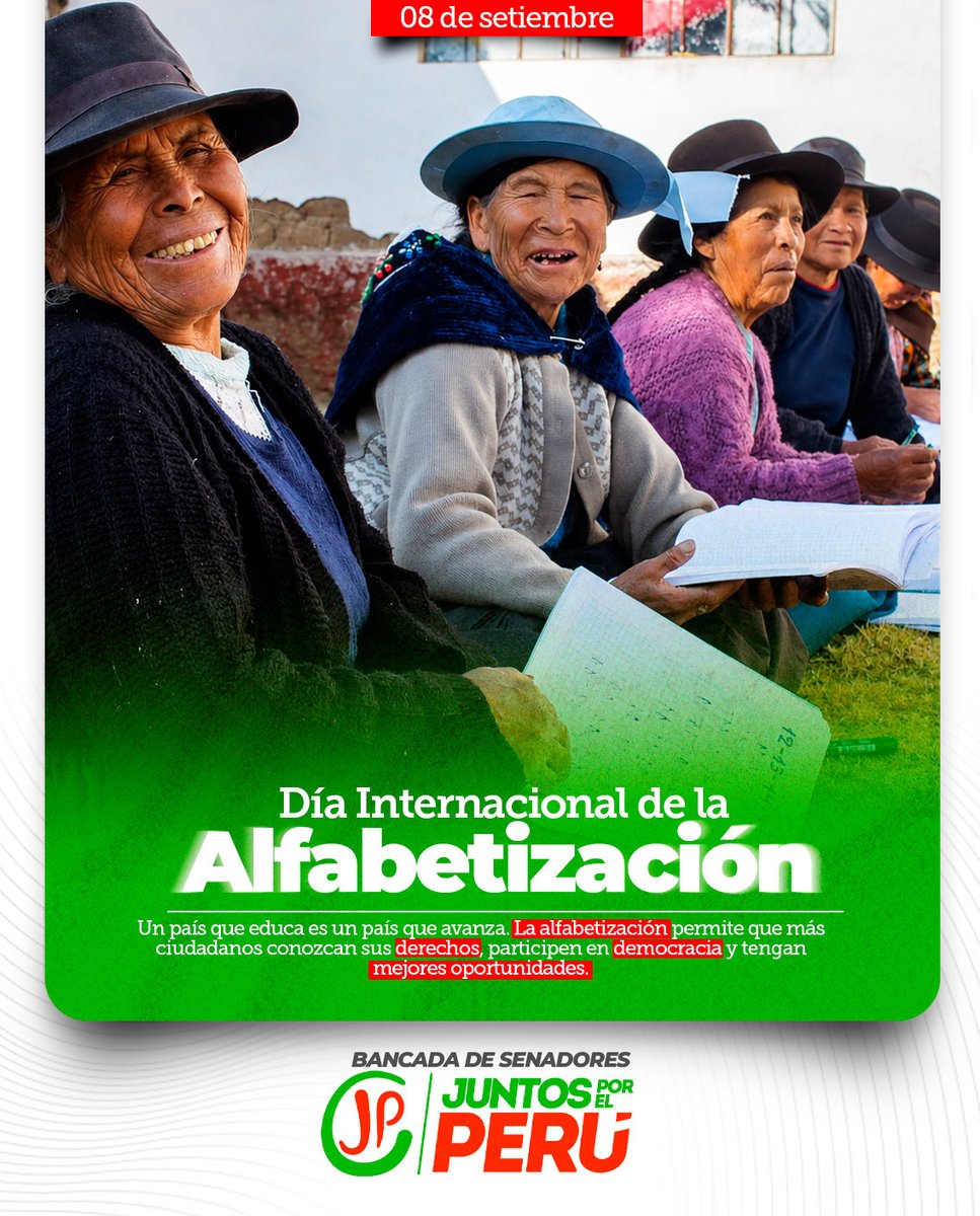 BancadaSenJP's tweet photo. 📖 𝗟𝗮 𝗲𝗱𝘂𝗰𝗮𝗰𝗶𝗼́𝗻 𝗻𝗼 𝘁𝗶𝗲𝗻𝗲 𝗲𝗱𝗮𝗱.
En el Día Internacional de la Alfabetización reconocemos a quienes, con esfuerzo y perseverancia, siguen aprendiendo y demostrando que nunca es tarde para alcanzar nuevos sueños.
📚 Más educación es más oportunidades. https://t.co/cuff51qf0x