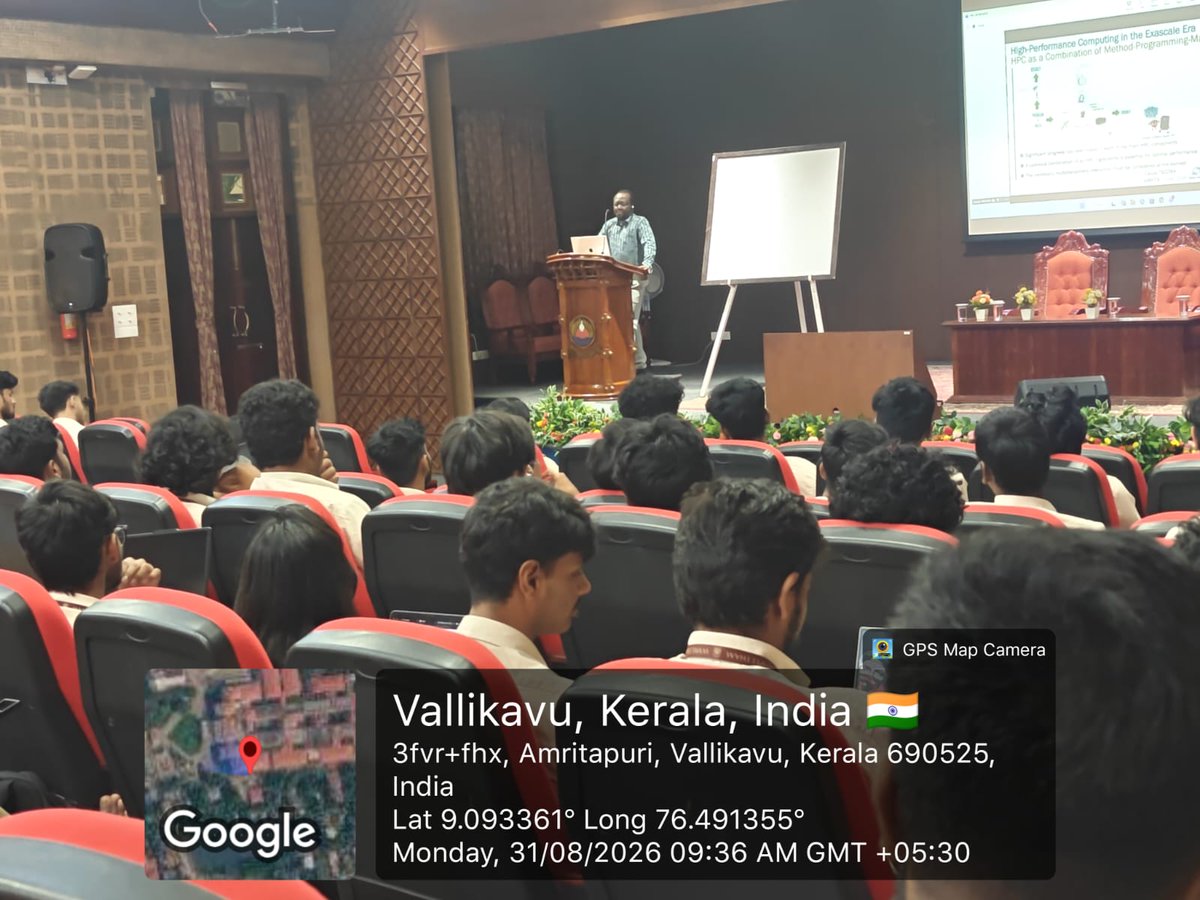 AMRITAedu's tweet photo. 🚀 High‑Performance Computing Workshop by ParisTech/CRI Researcher

We were honored to host Prof. Claude Tadonki (Mines ParisTech / CRI – Centre de Recherche en Informatique) for a two‑day workshop on High‑Performance Computing (HPC) at our Coimbatore and Amritapuri campuses.

📅 August 31 – September 1, 2026  at Coimbatore
The workshop blended theoretical insights with hands‑on programming practice, giving students a deep dive into the HPC ecosystem in the Exascale Era.

💡 Key highlights included:

HPC hardware, software, and programming paradigms

Performance, energy efficiency, and robustness

Vector Computing (SIMD) and accelerated computing with compilers (OpenACC)

Advanced computer architecture: IEEE numerical representation, memory hierarchy, cache, NUMA, and prefetching

Multithreaded programming using Pthreads

🖥️ Afternoon sessions featured guided exercises in code design, profiling, performance analysis, and optimization — with practical exposure to vector and multithreaded programming in Linux environments using GCC, AVX, OpenACC, libnuma, and even Google Colab.

🙏 We thank Prof. Tadonki for his expertise and the students for their enthusiastic participation, making this workshop a truly impactful learning experience.

#AmritaVishwaVidyaPeetham #HighPerformanceComputing #HPC #ExascaleEra #VectorComputing #MultithreadedProgramming #Research #Innovation #Amritapuri #Coimbatore