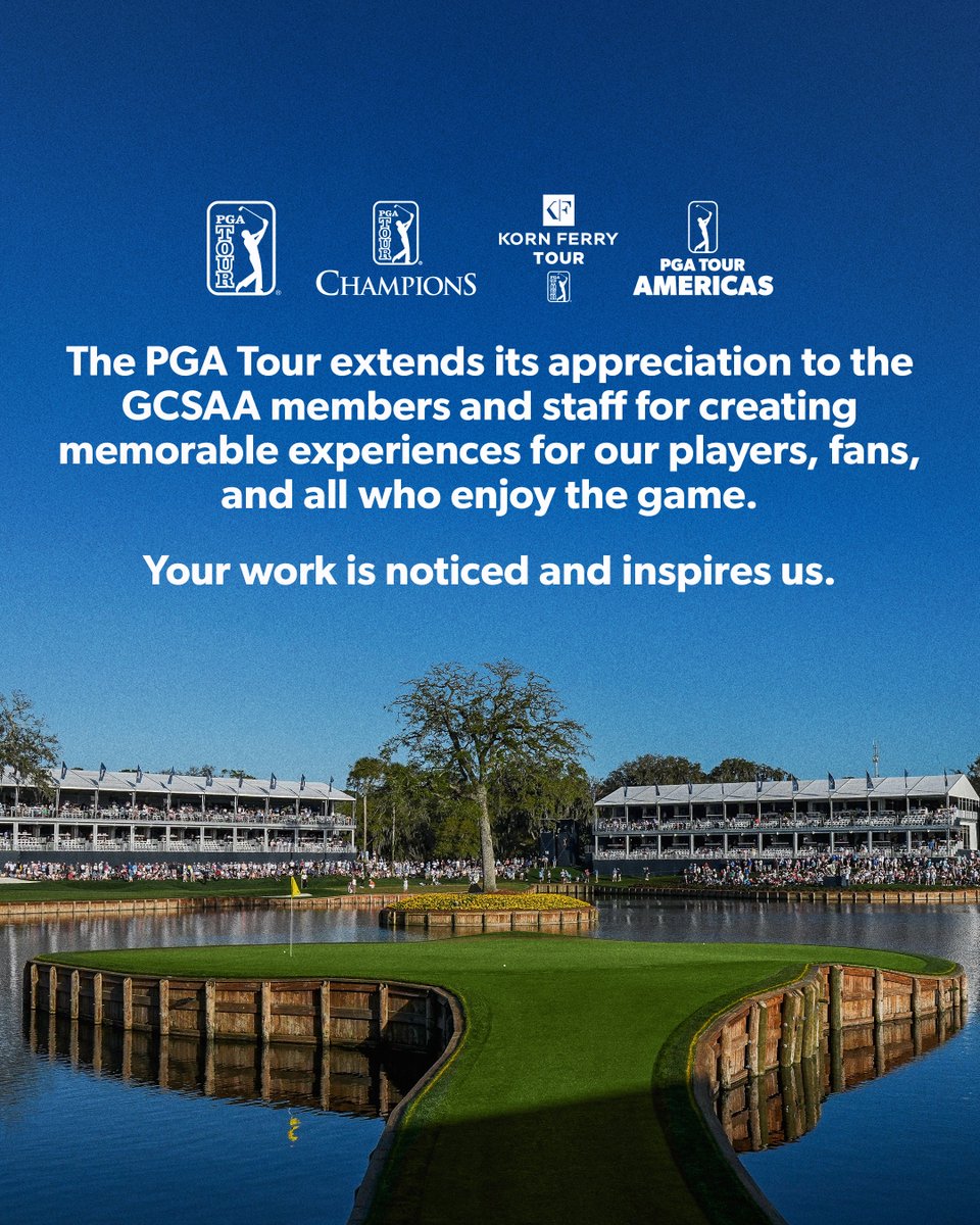 PGATOURAgronomy's tweet photo. The PGA Tour extends its appreciation to the GCSAA members and staff for creating memorable experiences for our players, fans, and all who enjoy the game. Your work is noticed and inspires us. #ThankASuper #ThankAGreenkeeper @PGATour @ChampionsTour @KornFerryTour @PGATOURAmericas