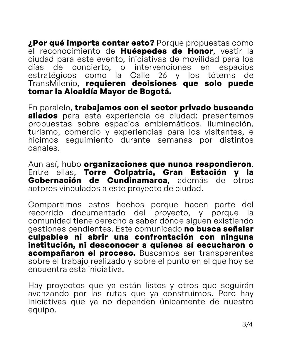 btsarmycol_'s tweet photo. 🚨 ARMY COLOMBIA, ESTE ES EL MOMENTO DE MOVILIZARNOS.

Durante meses trabajamos por un proyecto llamado <Bogotá recibe a BTS>. Hubo reuniones, radicados, correos, llamadas y Executive Briefs presentados ante diferentes entidades para construir una experiencia de ciudad alrededor de la primera visita de BTS a Colombia.
Hoy ese trabajo necesita la fuerza de ARMY.

¿Qué vamos a hacer?

Durante las próximas horas y días vamos a convertir #BogotáRecibeABTS en una conversación de ciudad.

Menciona y responde respetuosamente a estas cuentas:
@CarlosFGalan
@Bogota
@GobiernoBTA
@SectorMovilidad
@GranEstacionCC
@xtorrecolpatria
@CancilleriaCol 

¿Qué pedimos?

-Que las propuestas presentadas por BTS ARMY Colombia sean conocidas y respondidas.

-Que Bogotá reconozca la llegada de BTS como una oportunidad cultural, turística y ciudadana.

-Que las iniciativas de ciudad tengan una respuesta oficial.

No buscamos confrontación.

Buscamos respuestas.

Hagámoslo como siempre ha caracterizado a ARMY: con respeto, organización y hechos.

💜 Responde publicaciones de estas cuentas, cita este post, publica tu propio mensaje y utiliza el hashtag oficial.

Que Bogotá escuche a su comunidad.

#BogotáRecibeABTS #BTSARMYColombia 
#BogotáescuchaaBTSARMY