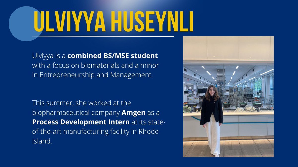 JHUMaterials's tweet photo. How did our students take what they learned in the classroom into their internships this summer?

Ulviyya Huseynli spent the summer at Amgen as a Process Development Intern at its manufacturing facility in Rhode Island.

#JHUMatSci #HopkinsEngineer #EngineerTheSummer https://t.co/qPXUWqjyii