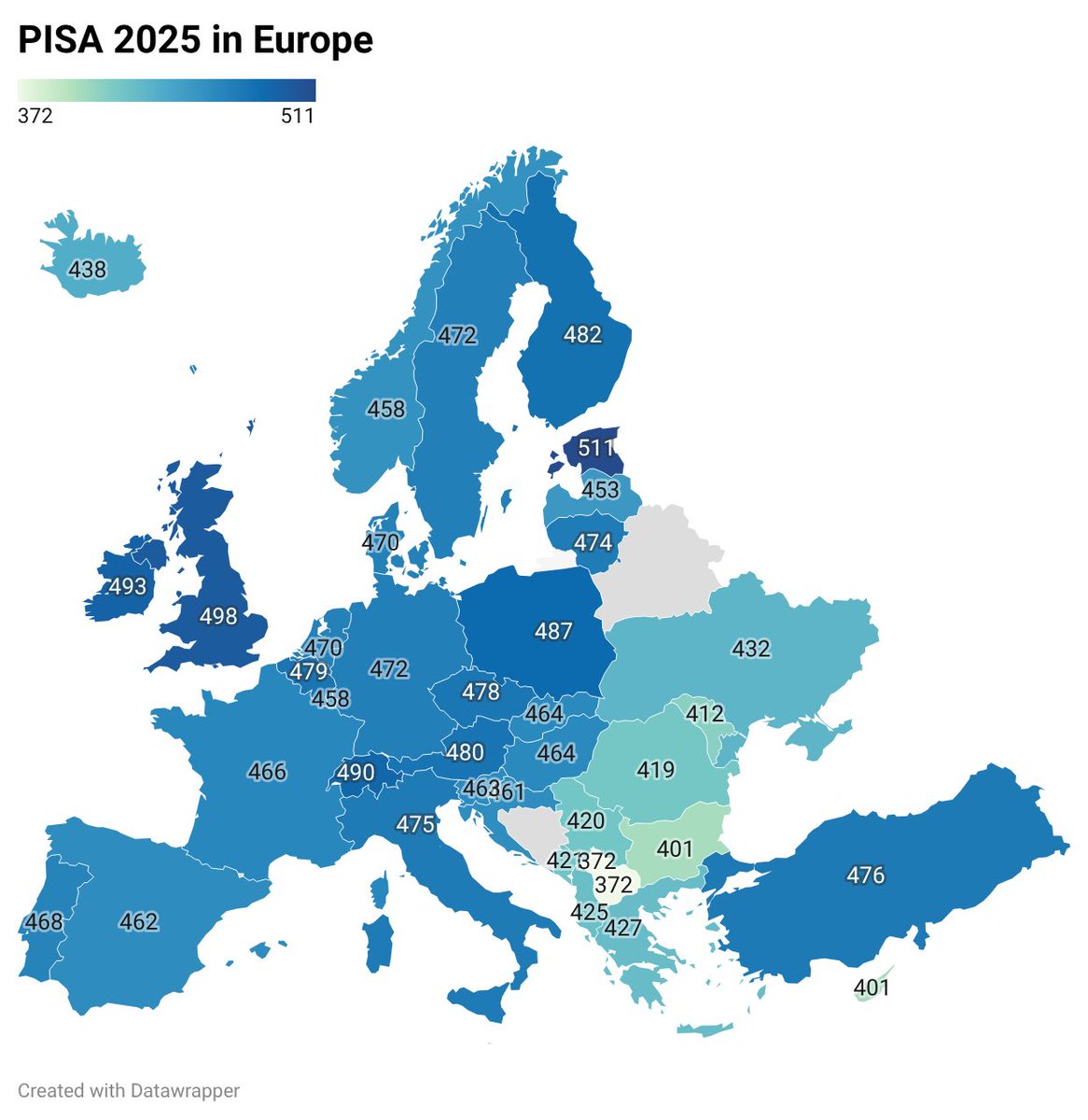 n30n5223434's tweet photo. PISA 2025 results in Europe (reading, science and mathematics combined average) https://t.co/C11NWrak1p