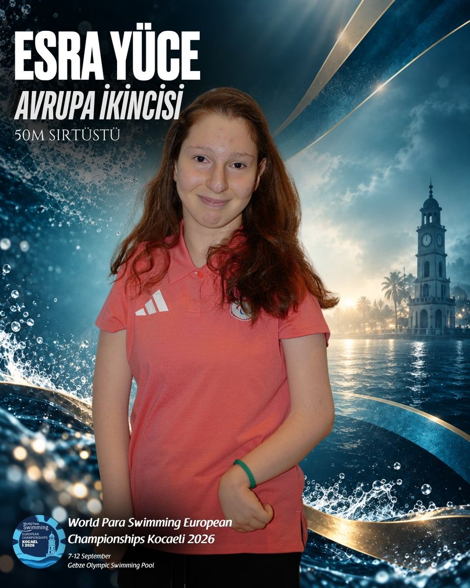 TurkParalimpik's tweet photo. ESRA YÜCE’DEN GÜMÜŞ MADALYA! 🥈🇹🇷

Kocaeli 2026 Avrupa Para Yüzme Şampiyonası’nda Kadınlar 50m Sırtüstü S5 kategorisinde mücadele eden milli sporcumuz Esra Yüce, gümüş madalyanın sahibi olarak Avrupa ikincisi oldu. 🏊‍♀️👏

Esra’yı, bu başarının arkasında büyük emeği bulunan antrenörünü, teknik ekibini ve Türkiye Yüzme Federasyonu’nuyürekten kutluyoruz.

Tebrikler Esra! 🇹🇷❤️ @TYFgovtr
