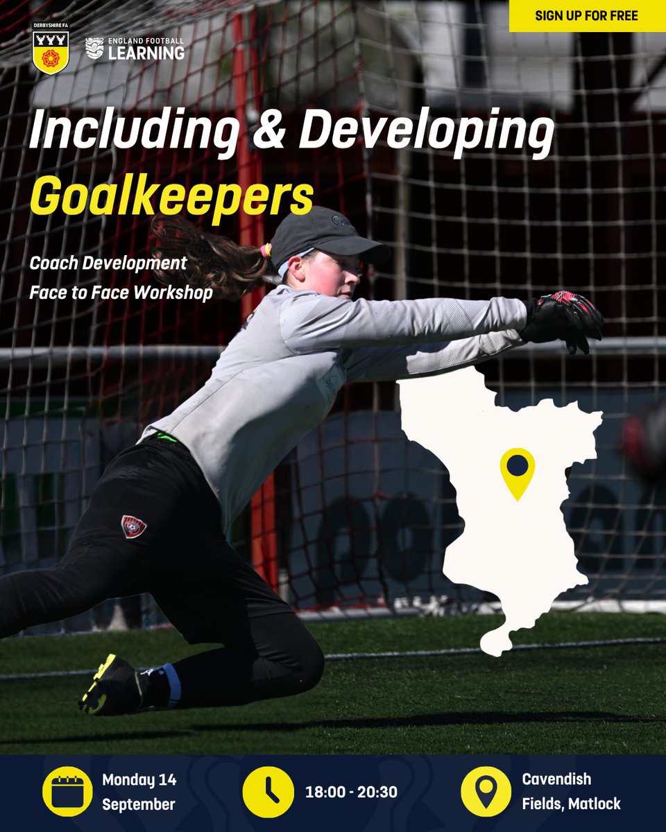 DerbyshireFA's tweet photo. Two coach development workshops. One venue. One evening. ⚽️🧤

⚽ Hidden Gems of Skill Development – explore the six core capabilities, see how they can be developed practically and reflect on how you can apply them with your players.

🧤 Including & Developing Goalkeepers – explore the goalkeeper’s role in and out of possession and learn how to effectively integrate your goalkeeper into training.

📍 Cavendish Fields, Matlock
📅 Monday 14 September
🎟️ FREE to attend

🔗 Sign up now: https://t.co/yoKBig0jRs