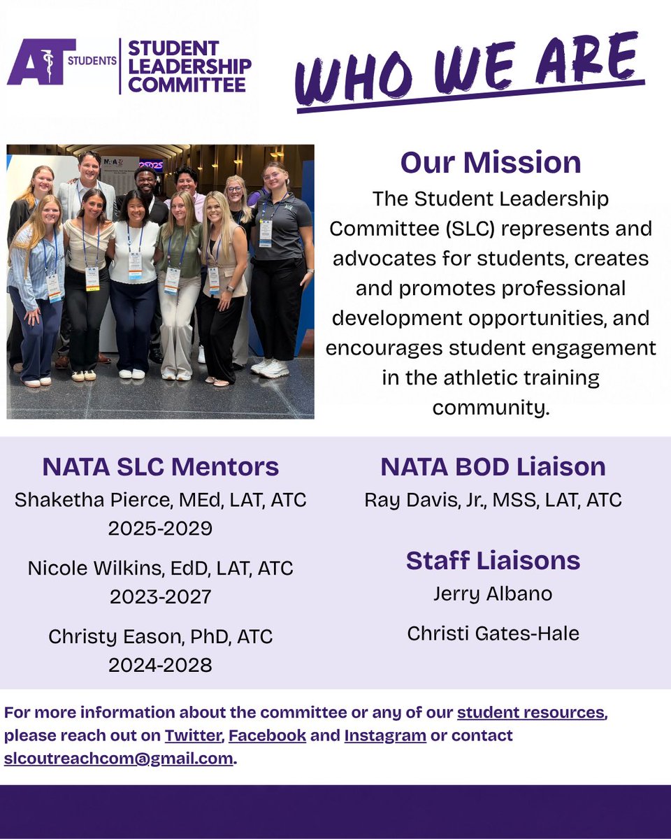 NATASLCreps's tweet photo. Meet the Student Leadership Committee (SLC). 🎓 We're here to represent and boost engagement in the athletic training student community!

Connect with us on Twitter, Facebook, Instagram, or email us at slcoutreachcom@gmail.com to learn more. https://t.co/yXNrajYMpW