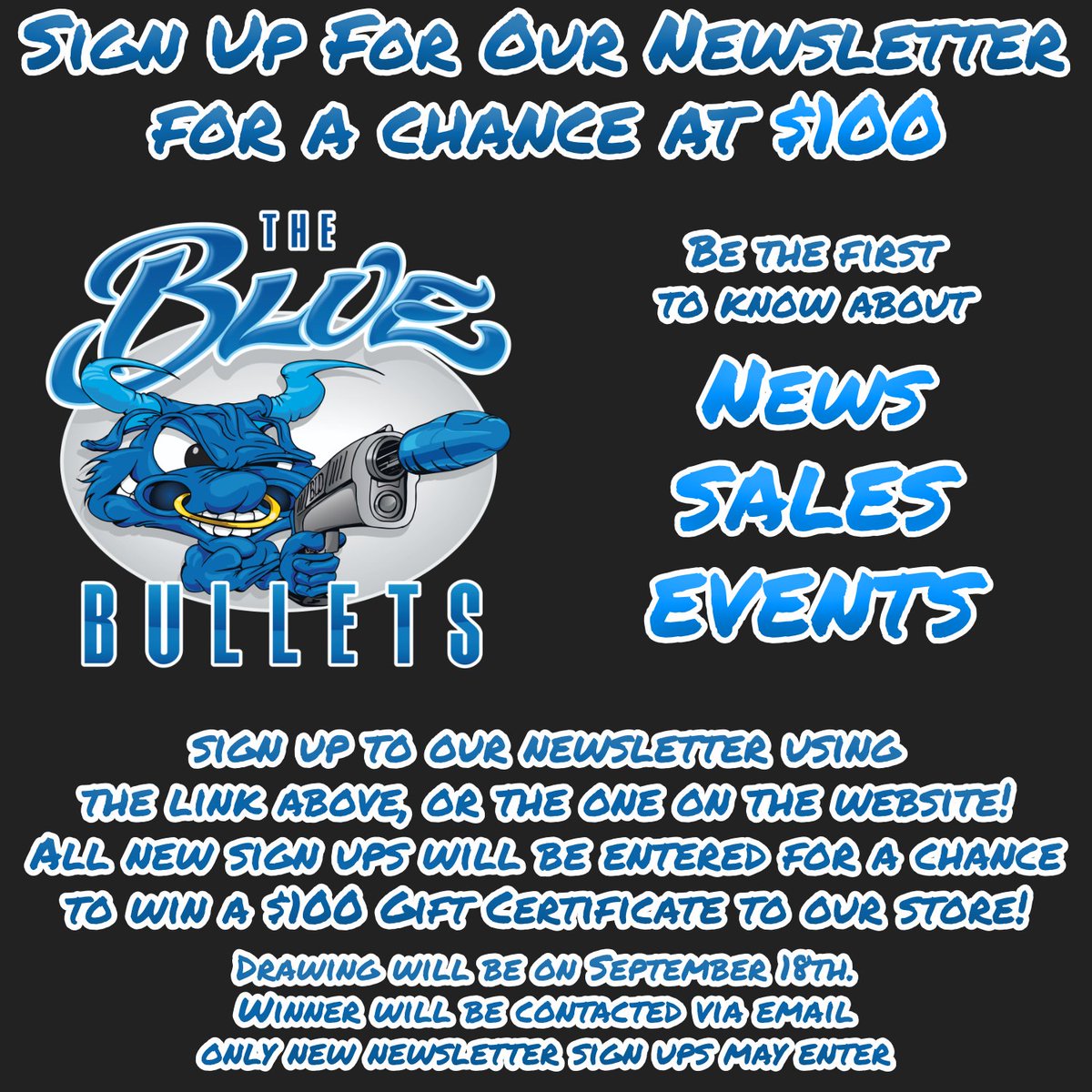 thebluebullets's tweet photo. Sign up to our newsletter!

Be the first to know the next time we have a sale!

All new sign ups will be entered for a chance at a $100 certificate.

https://t.co/fz2JeMCHyp

#thebluebullets #uspsa #competitive https://t.co/IGvx5l5Sml