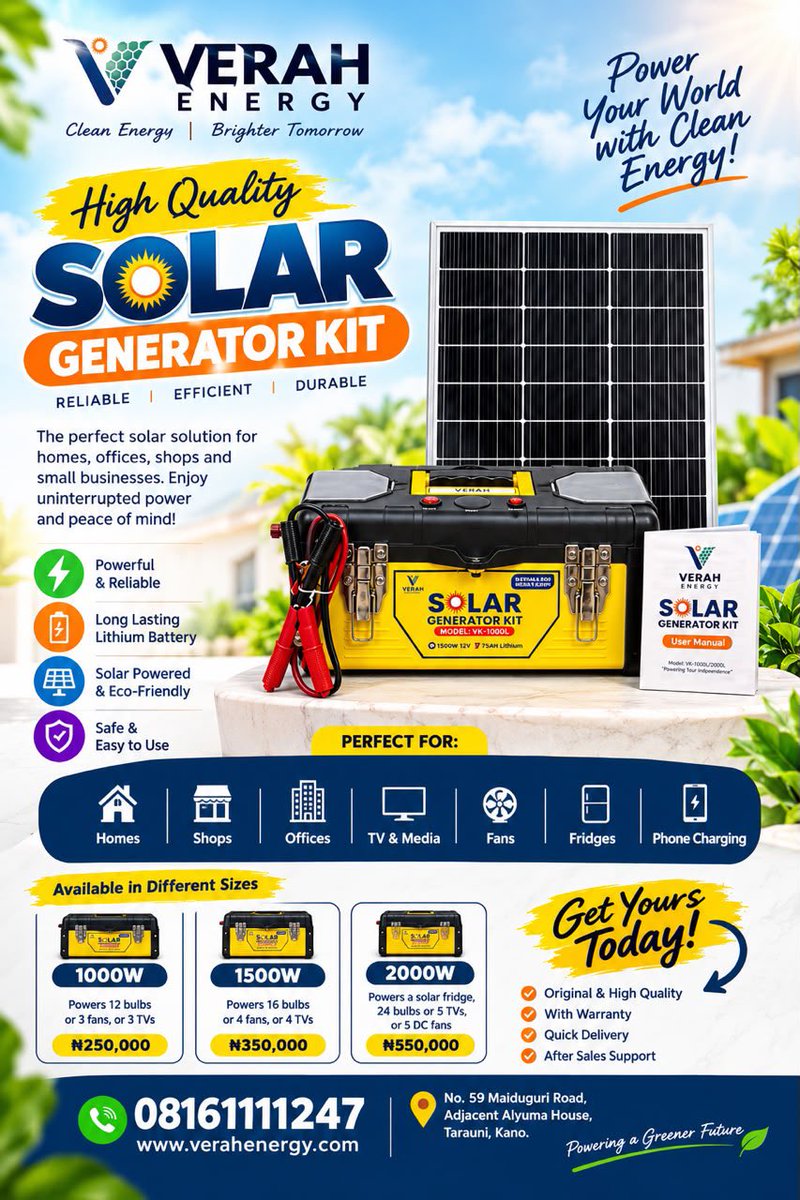 MATAR__MINISTER's tweet photo. POWER YOUR WORLD WITH CLEAN ENERGY!

Say goodbye to unreliable power and rising fuel costs with VERAH ENERGY Solar Generator Kits — reliable, efficient, durable, and eco-friendly.

Available Options:
• 1000W — ₦250,000
• 1500W — ₦350,000
• 2000W — ₦550,000

Perfect for homes, shops, offices, TVs, fans, fridges, lighting, and phone charging.

✅ Long-lasting lithium battery
✅ Solar-powered & eco-friendly
✅ Safe and easy to use
✅ Warranty included
✅ After-sales support

📍 No. 59 Maiduguri Road, Adjacent Alyuma House, Tarauni, Kano

VERAH ENERGY — Powering a Greener Future. 

For more information, contact:

@verahenergy | 08161111247