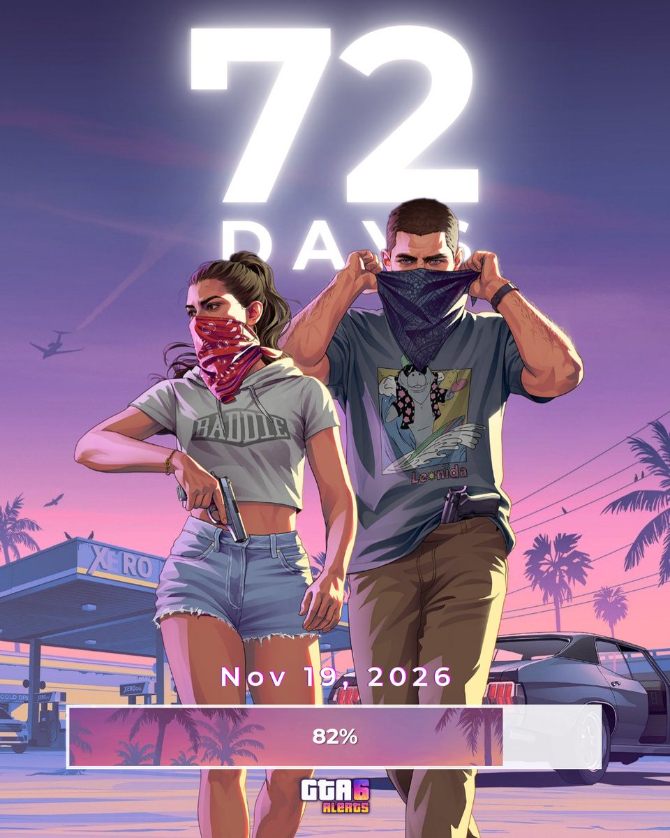 GTA6Alerts's tweet photo. 72 days left until GTA 6 release. ⏳ https://t.co/t6CQgRqMTq