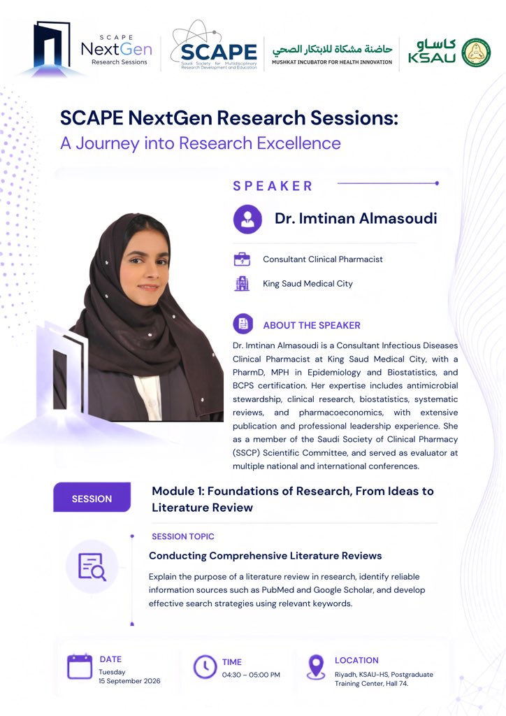 Scape_Society's tweet photo. يسعدنا استضافة د. امتنان المسعودي ضمن الخبراء المتحدثين في جلسات #NextGen البحثية
سجل الآن:
https://t.co/vCEGDdihhW
#Awareness_Community_Service_Track https://t.co/Zl0gsDWm9Q