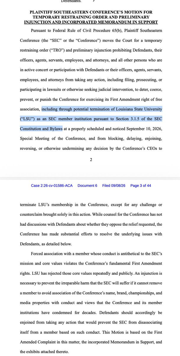 RossDellenger's tweet photo. As well as the amended complaint, the SEC also requested a temporary restraining order against LSU to pave the way for it to expel the university from the conference in a vote scheduled for Thursday.

Here's a portion of the TRO: https://t.co/JnmQd2QOiN