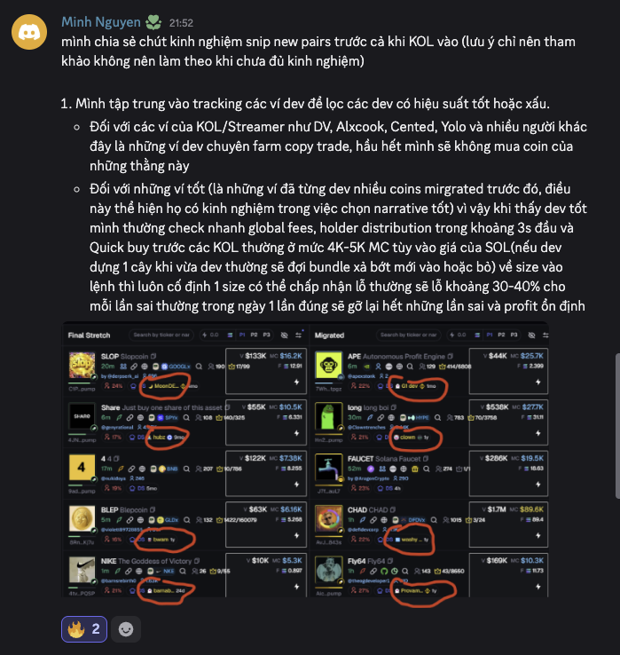 toibimemeschoi's tweet photo. Đây là cách Tracking ví Dev và lọc các ví dev có hiệu xuất tốt để mua memecoin newpair trước cả kol mua . 

Làm mình có thêm ý tưởng để bot có thể chấm điểm dev đó , và dùng dev để tính điểm cho token luôn . 

Có vẻ ổn rôi, update tới sẽ có rất nhiều thông số mà gần như sẽ không thể làm giả được, dẫn đến bot  sẽ bắt token ngon hơn. #trenches #pumpfun #fomo