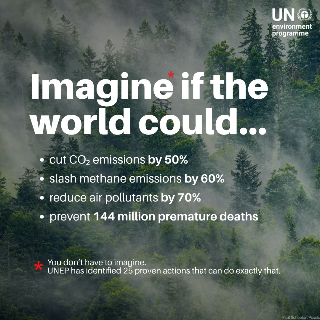 UN_Enable's tweet photo. 😷 Air pollution 🏥  
🌪 Climate change 🔥 

These two challenges often have the same causes, which means they also share many of the solutions.   UNEP's latest report puts forward 25 actions that can help tackle both while making economies thrive

#CleanAirDay

cc: @UNEP https://t.co/S8QilZemjS