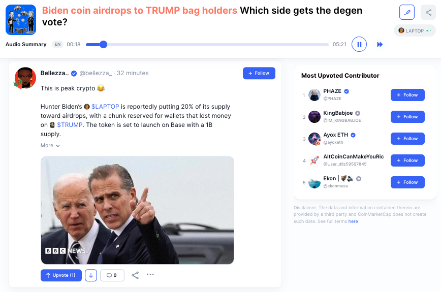 CoinMarketCap's tweet photo. HOT TOPIC: Biden airdrop lands in TRUMP wallets 🍿

Hunter Biden's $LAPTOP goes live on Base tomorrow. 1B supply, 30% to founders, 20% airdropped, first round aimed at wallets that lost money on solana:6p6xgHyF7AeE6TZkSmFsko444wqoP15icUSqi2jfGiPN .

Which side gets the degen vote? 👇
https://t.co/zveo58jniI