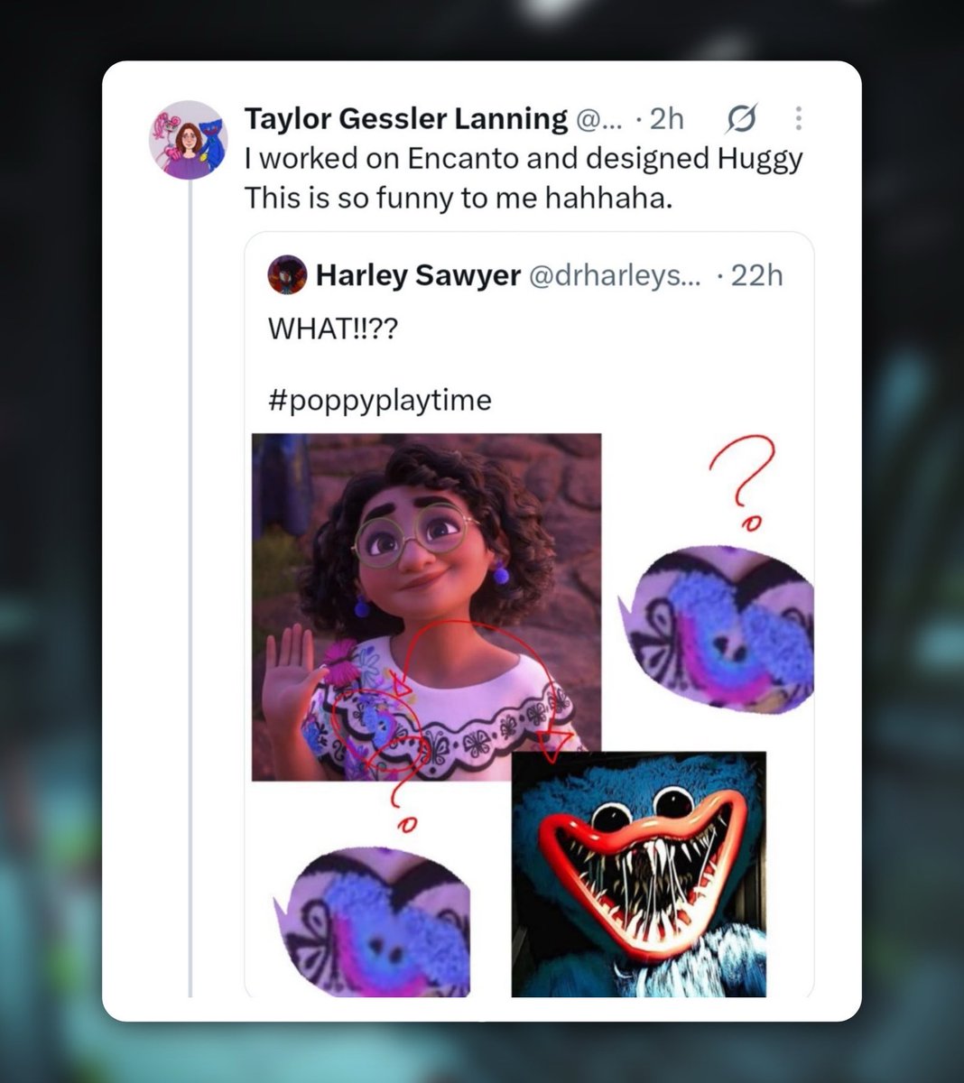 Fantime_Horror's tweet photo. ‼️ The creator of Huggy Wuggy also worked on Disney's Encanto!

Fans have been joking that Mirabel was hiding Huggy inside her dress, completely unaware that character designer Taylor Gessler Lanning actually worked on both! https://t.co/dBlgZ2VGTs