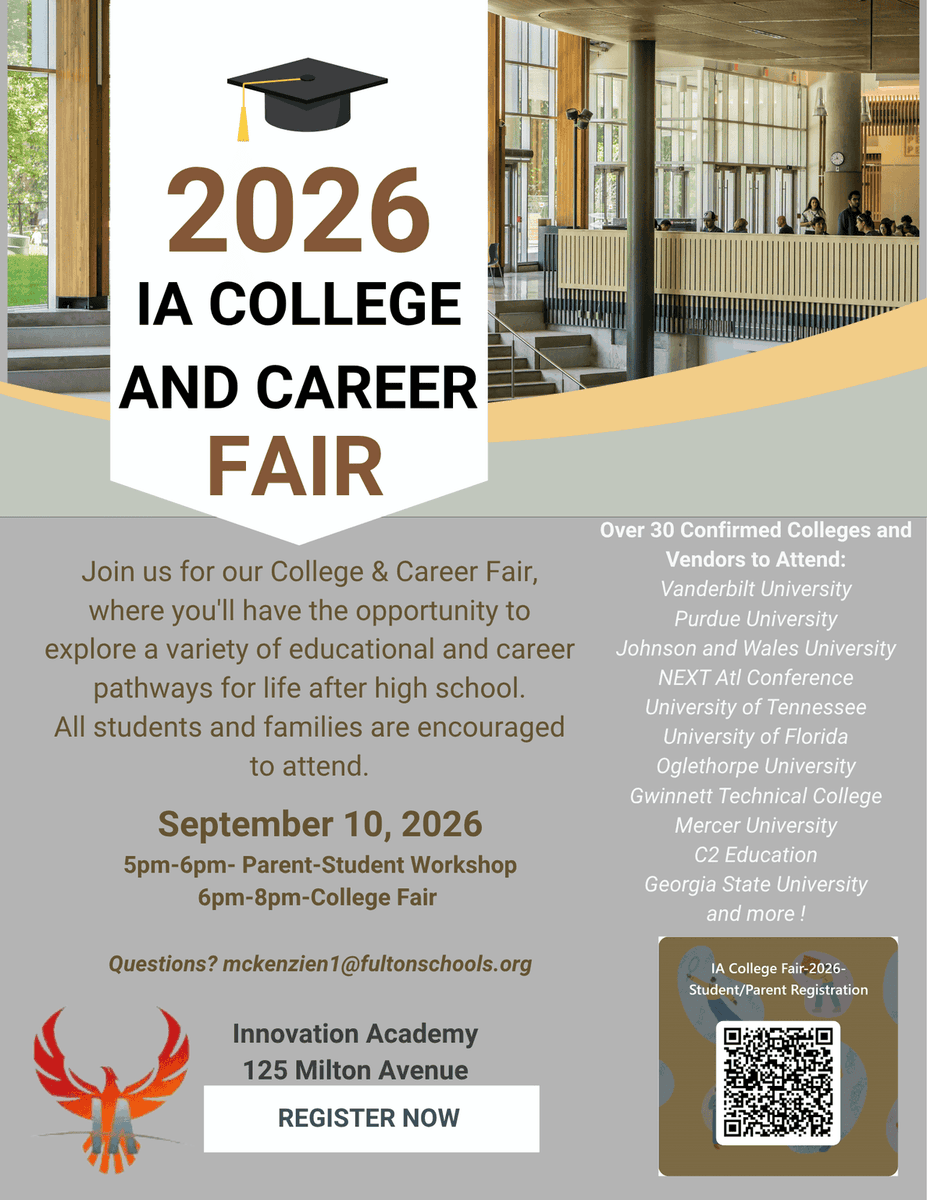 IAFultonSchools's tweet photo. Join us on /109 in the Hangar for our College Fair! Meet representatives from over 30 colleges, including Vanderbilt and the University of Florida. This opportunity is open to all FCS students.
@FultonCountySchools @ia_kent  #CounselingEducation #CollegeFair https://t.co/tam6YsdBkn