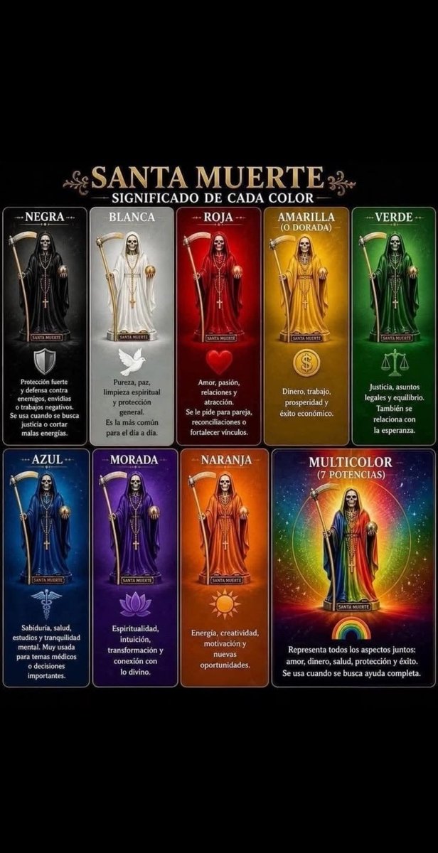 SantaMuerte098's tweet photo. #SantaMuerte
Significado de cada color. https://t.co/Iu3yMFw5Gk