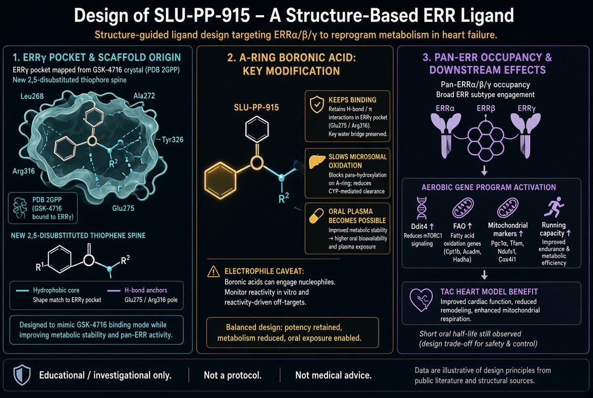 ElevateBiohack's tweet photo. **The design of SLU-PP-915**

Not a mystery powder. A structure-based ERR ligand.

**Where it starts**

ERRγ already had a crystal pose with an acyl-hydrazide agonist, **GSK-4716** (PDB 2GPP). The Burris line used that pocket as the map and **left that chemotype**. 

SLU-PP-915 is a **2,5-disubstituted thiophene** built to sit in the same nuclear-receptor hole with a different spine. The point was occupancy of ERRα and ERRγ with usable in-vivo chemistry, not a new receptor.

**The deliberate handles**

Older ERR agonists liked phenols and anilines. Those get oxidized. 915 puts a **boronic acid** on the A-ring instead. Binding stays. Microsomes calm down (half-life **>60 min** in the stability assays). 

That is why oral gavage produces plasma instead of a shrug. It is also why medicinal chemists side-eye boronic acids as electrophiles design always has a second sentence. 

Selectivity panels in the papers said ERR over a pile of other nuclear receptors and GPCRs. That is a screen. That is not a lifetime safety file.

**What the curve is**

Pan-ERR. Roughly balanced nanomolar range across α/β/γ in the later write-ups — not an α-only hammer. Downstream: the aerobic program. PGC-1α neighborhood, PDK4, Ddit4 in quad, mitochondrial DNA chatter, treadmill distance and time. Separate lane: TAC heart-failure model with earlier ejection-fraction movement and better stroke-volume / output notes.

Oral plasma in mice is real and short. Proof of design. Not a once-daily human label.

Simple version: 915 is a thiophene ERR agonist drawn from an ERRγ crystal, capped with a boronic acid so the pocket and the blood can both see it.

Investigational ligand. Educational chemistry. Not a protocol.

#SLUPP915 #ERR #MedicinalChemistry #ExerciseMimetic #ResearchUseOnly #EvidenceBased

For research and educational discussion only. Not medical advice.
