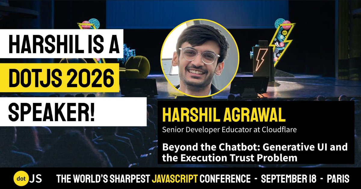 dotJS's tweet photo. Up next on the dotJS stage: Harshil Agrawal!

@harshil1712 will be speaking about: Beyond the Chatbot: Generative UI and the Execution Trust Problem.

Chatbots aren't the only way to interact with AI. Generative UI lets an LLM return actual React components tailored to the user, dashboards, forms, and interfaces that build themselves in real time. But running AI-generated code safely is a security challenge that iframes, Web Workers, and VM2 don't fully solve. Harshil will show how V8 isolates at the edge execute AI-generated TypeScript in milliseconds while containing the blast radius, complete with a live demo and a blueprint for building this safely in production.

Harshil works on the Developer Relations team at @Cloudflare, where he's a JavaScript developer, open-source contributor, and self-described low-code enthusiast.

Come and join us next week at dotJS to catch this talk live. 

🟡 https://t.co/pehPvtvHH0