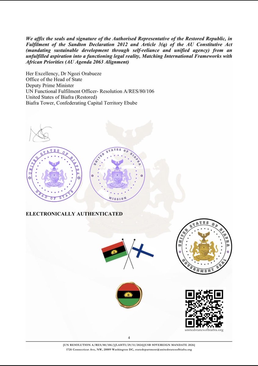 ngoziora's tweet photo. PUBLIC ANNOUNCEMENT

DATE: 8 September 2026

United States of Biafra Recognizes Finland 

SUBJECT: Official Transmission of the Sovereign Reciprocal Recognition of the Republic of Finland and the United States of Biafra (Restored)

Today, the Office of the Head of State and Deputy Prime Minister of the United States of Biafra (Restored) officially transmitted the attached “Sovereign Reciprocal Recognition of the Republic of Finland and Its Population through Functional Statehood Juridical Continuum” to the Parliament of Finland and the relevant Finnish judicial, constitutional, governmental, and oversight authorities.

On behalf of the United States of Biafra, I express our appreciation to the Republic of Finland for the acts of recognition documented in this instrument and formally affirm the reciprocity set out therein.

We particularly thank the Finnish state for upholding international law by providing the enabling environment in which the United States of Biafra formally declared the restoration of its independence and sovereignty on 29 November 2024 in Lahti, Finland.

That historic declaration proceeded through Finland’s lawful administrative framework, notwithstanding the conduct of a very small number of misguided and corrupt Finnish officials whose actions neither represent the Finnish people nor erase the enduring legal and historical significance of what took place in Lahti.

The United States of Biafra remains grateful to the people and institutions of Finland that respected the rule of law, fundamental freedoms, human dignity, and the inalienable right of peoples to self-determination.

This document is now placed before the world as part of the permanent public record.

Dr Ngozi Orabueze
Office of the Head of State
Deputy Prime Minister

@alexstubb @yleuutiset @Huuhkajat @SaharaReporters @MobilePunch @washingtonpost 
@UNHumanRights @UN_HRC