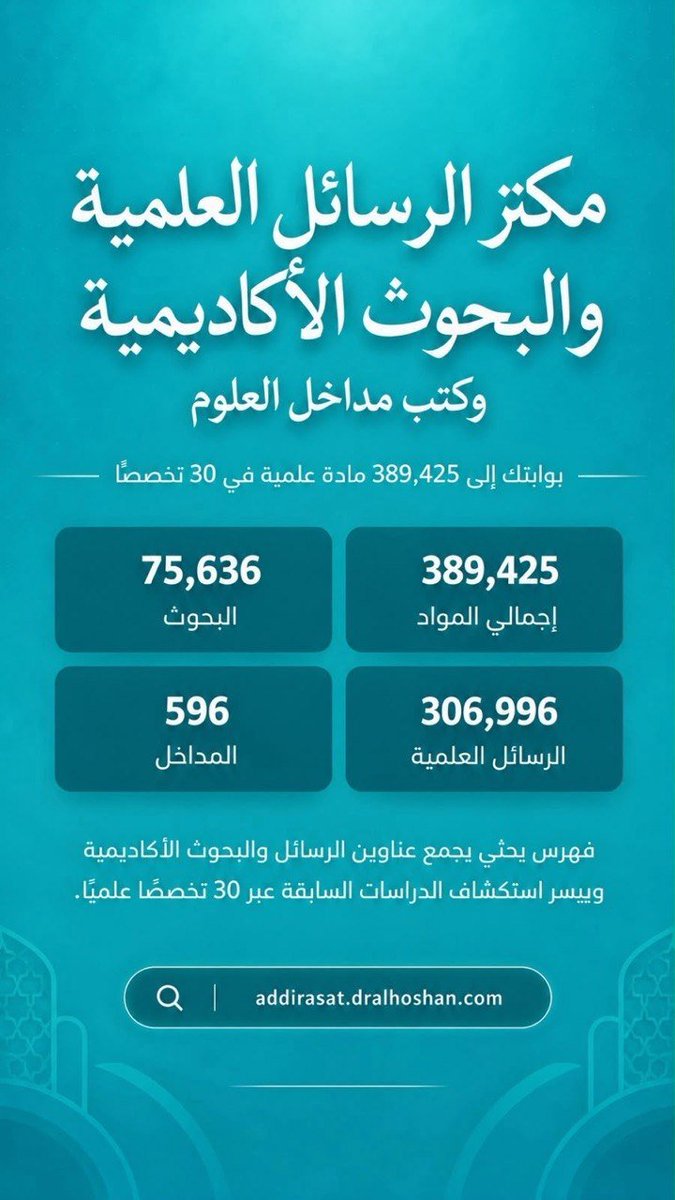 YHoshan's tweet photo. مكنز الرسائل العلمية والبحوث الأكاديمية
والمداخل العلمية

 390 ألف مادة علمية 
 30 تخصصًا
 306,996 رسالة علمية
  75,636 بحثًا 
 596 مدخلًا للعلوم ( المدخل إلى ...)
[ مفيد للدراسات السابقة ]
https://t.co/TgxBBIi3y4
بقية المكانز العشرة   https://t.co/tOJlnrVRsc