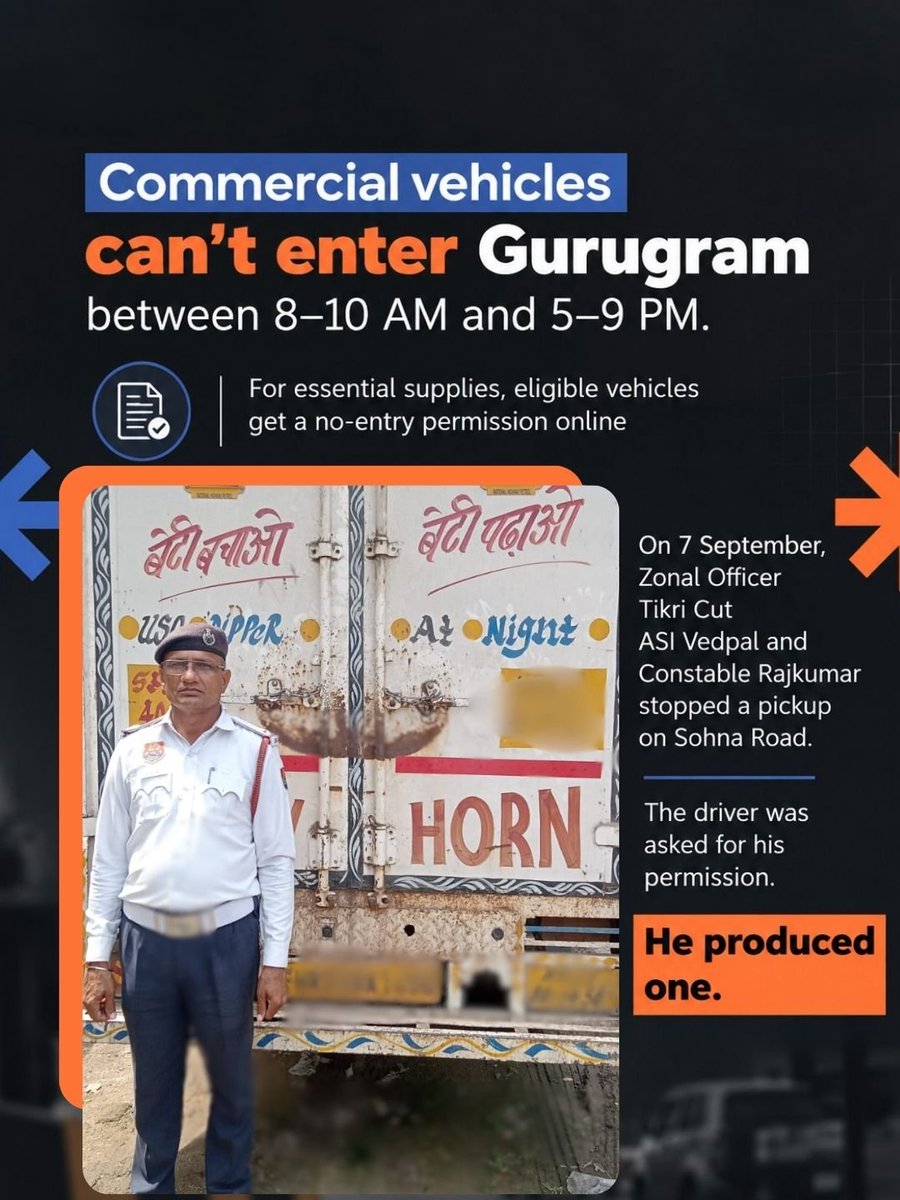 TrafficGGM's tweet photo. Forged no entry permission caught on Sohna Road.
· Pickup stopped during checking, 7 Sept
· Signature of an officer not in post
· HQ verification confirmed forgery
· FIR at PS Sadar, BNS 2023
📞 112 | 1095
Weighted length 252 / 280 ✓
#GurugramTrafficPolice #NoEntry https://t.co/q550gav38n