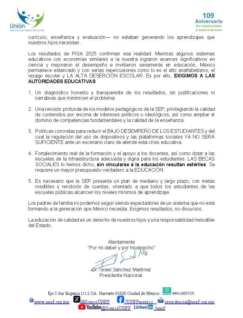 SomosUNPF's tweet photo. Lo hemos advertido desde 2023 y lamentablemente la #pruebapisa confirma que entramos ya en una CRISIS EDUCATIVA QUE SE AGRAVA. #URGE que la @SEP_mx atienda y retire intereses políticos para atender las necesidades educativas https://t.co/KDQgjfkS4a