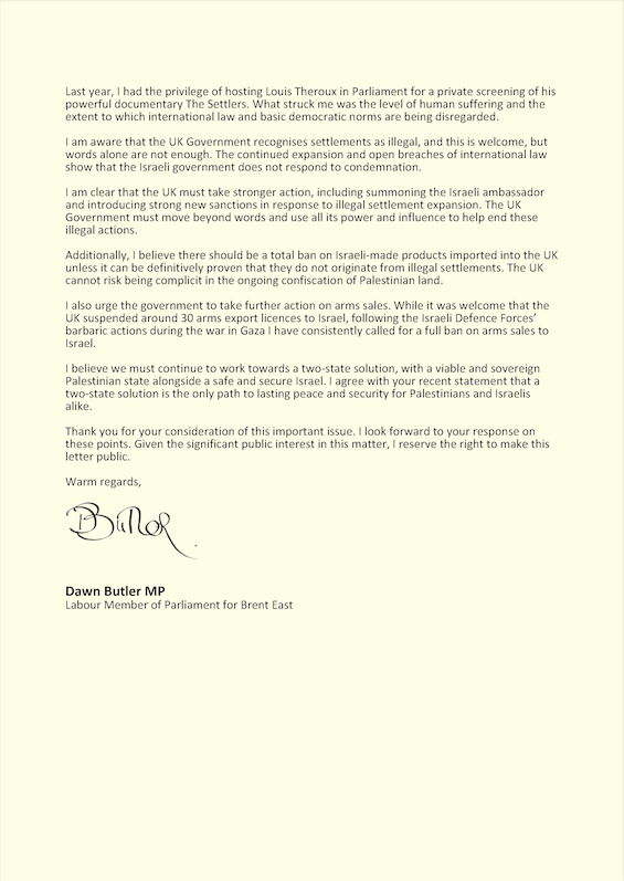 DawnButlerBrent's tweet photo. Israeli settlements in the West Bank are illegal under international law.

I’ve long called for action in response to their expansion, including this letter where I urged sanctions and a ban on settlement goods.

I’m relieved @UKLabour Govt has acted to protect Palestinian land. https://t.co/1RD0eOaXKO