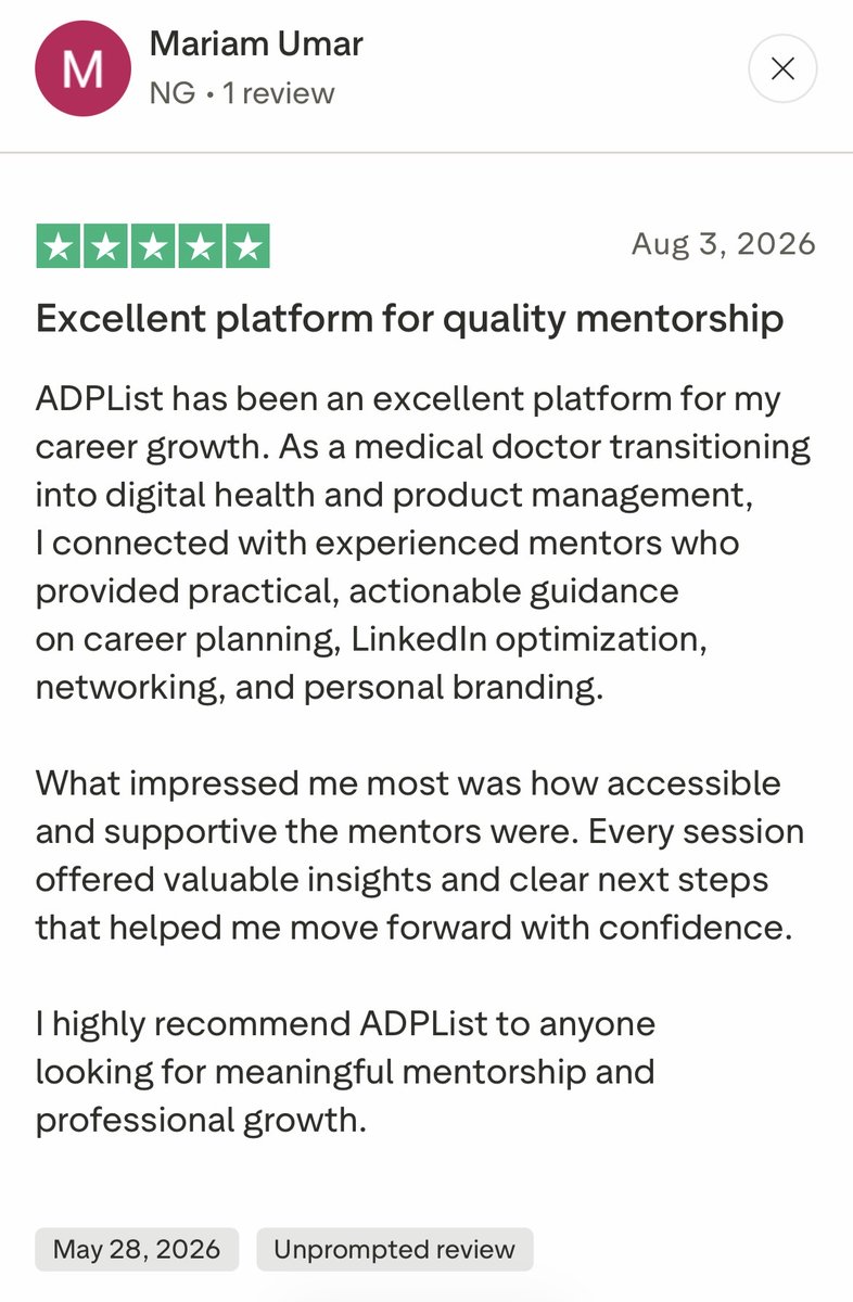A review praises ADPList for providing quality mentorship, highlighting its supportive mentors and actionable career guidance for growth.