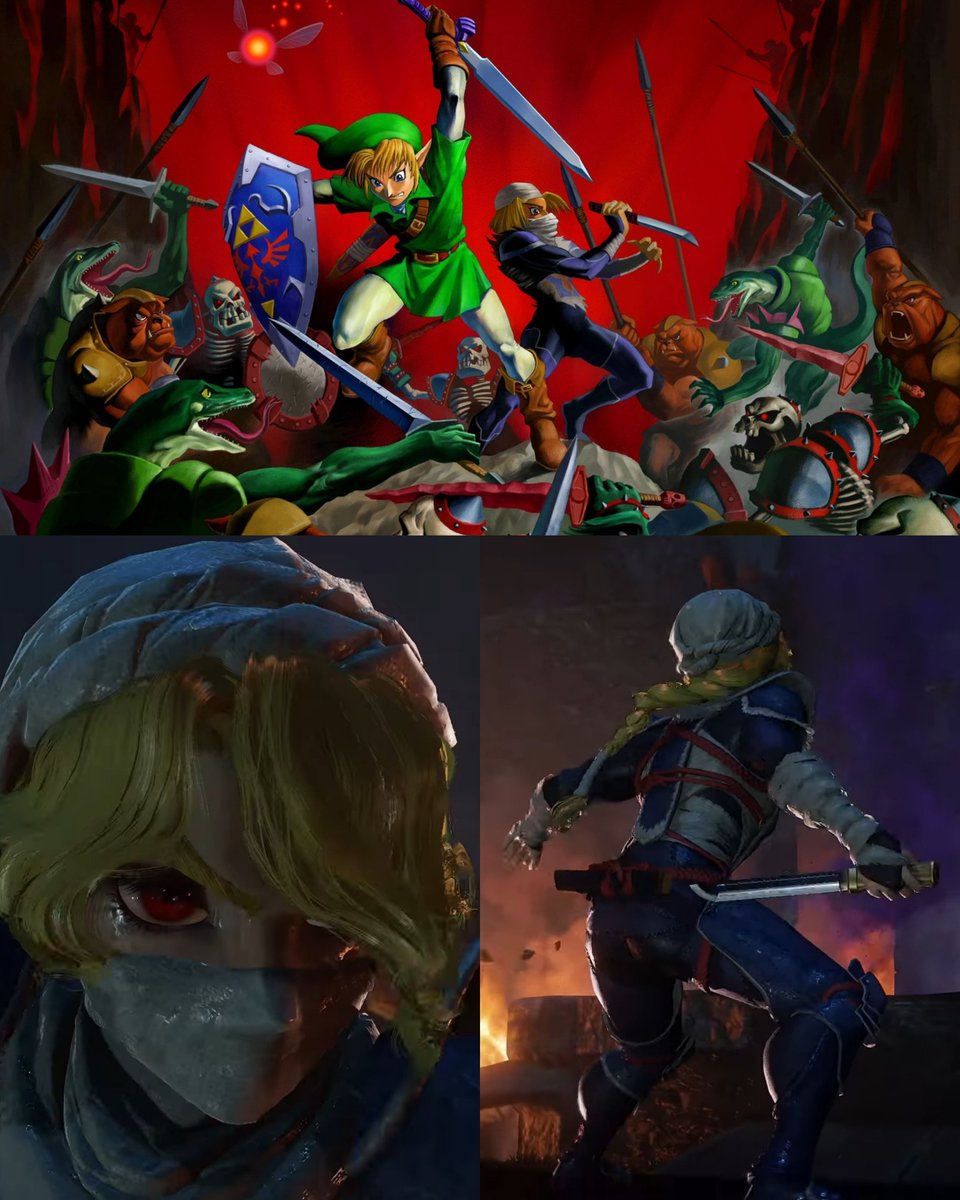 ArcanaLegacy's tweet photo. The fact the only time Sheik wielded a sword in Ocarina of Time was in official artwork (of a battle that never happened ingame), has me absolutely floored seeing that short sword drawn in that cutscene in the trailer. YES, MORE BADASS SHEIK PLEASE! https://t.co/Q8QcYg0WVR