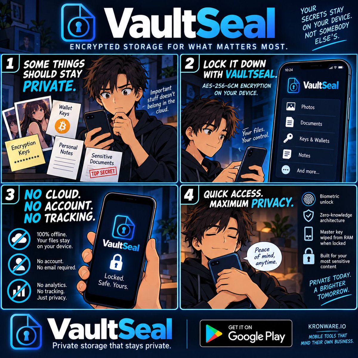 kronwareio's tweet photo. Some things belong on your phone — not in the cloud. 🔐

VaultSeal keeps your most sensitive files encrypted and under your control.

No cloud. No account. No tracking.

https://t.co/QHubVNmULE

#VaultSeal #Privacy #Encryption https://t.co/mj8rXA7KOF