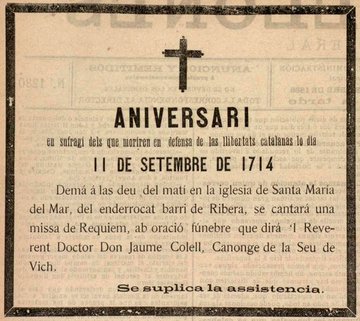 deleslletres's tweet photo. El 1r antecedent de la Diada Nacional:
Missa funeral, l'11 de setembre de 1886 a "l'enderrocat barri de la Ribera" a Sta Maria de la Mar
Esquela apareguda a "El Barcelonès"
Prohibida la d'anys posteriors
El 1899 se'n va celebrar una altra a St Just i Pastor. Enguany a Sta. Maria https://t.co/gW0llUrJXa