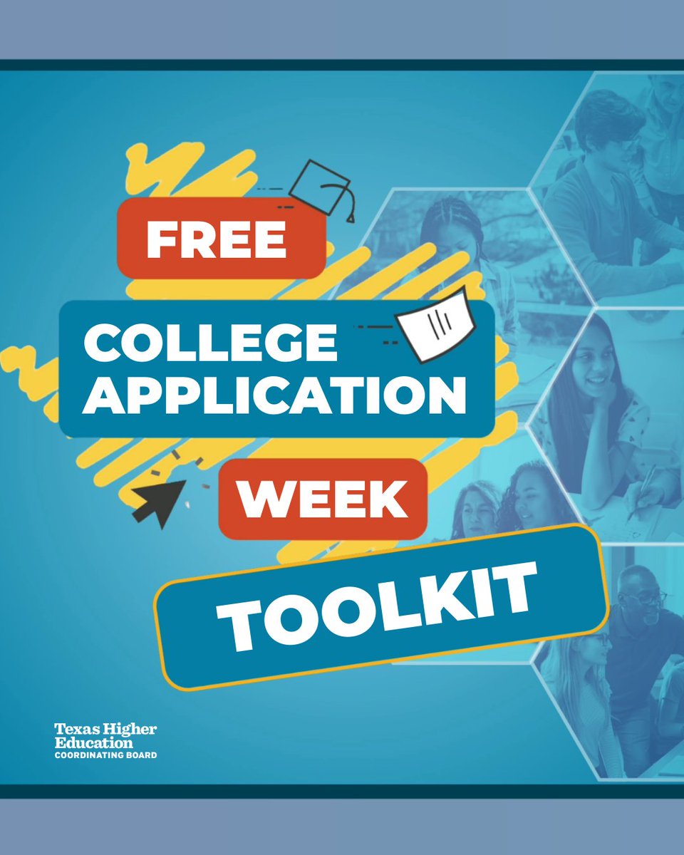 TexasOnCourse's tweet photo. Free College Application Week is coming up!👏 It will take place from October 12 to 18, 2026. To help you prepare, the Texas Higher Education Coordinating Board is excited to introduce the new Free College Application Week Toolkit: https://t.co/1H1yiJIuYq https://t.co/ZNsxJZhosT