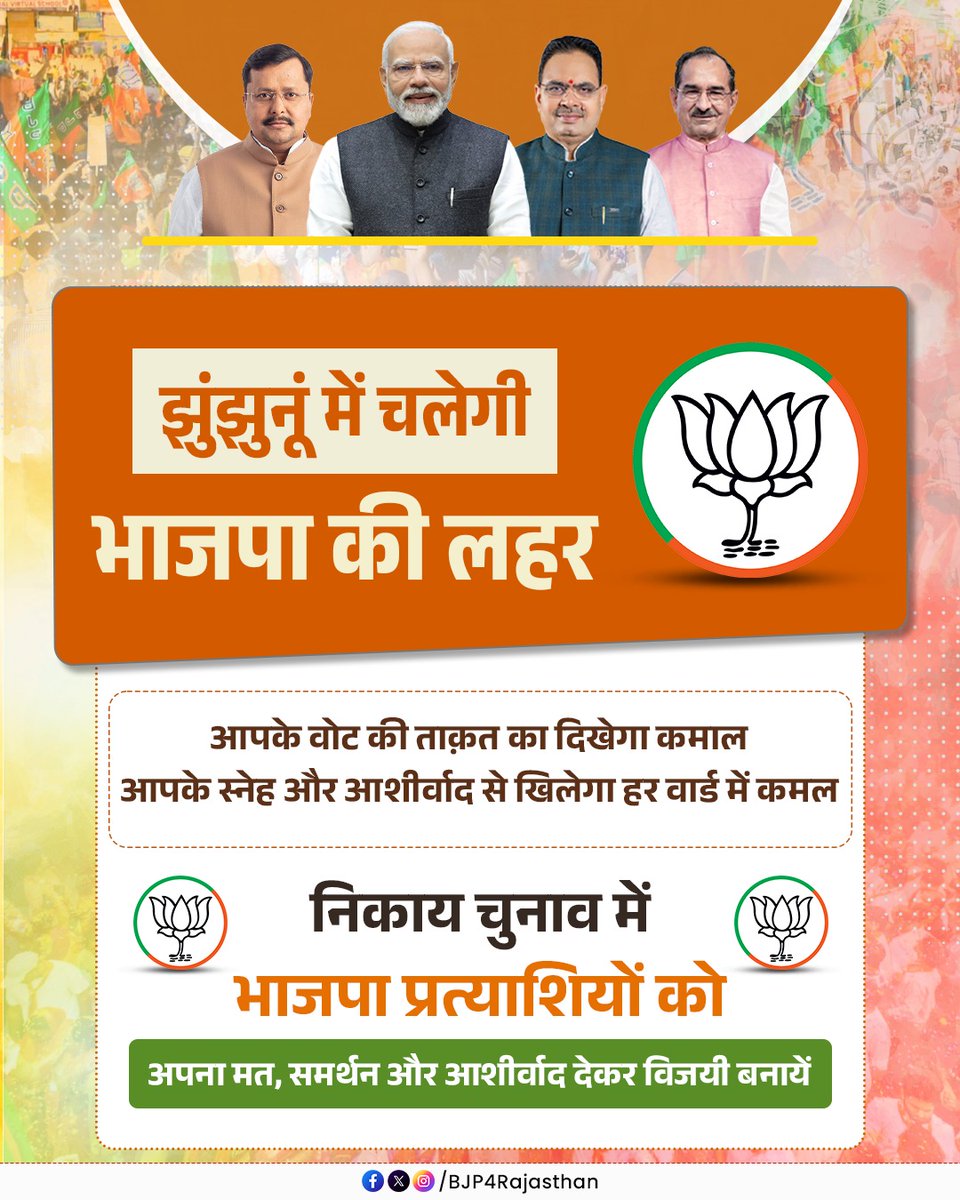 BJP4Rajasthan's tweet photo. झुंझुनू में चलेगी भाजपा की लहर! 🪷

आपके वोट की ताक़त का दिखेगा कमाल,
आपके स्नेह और आशीर्वाद से खिलेगा हर वार्ड में कमल! 🪷

निकाय चुनाव में भाजपा प्रत्याशियों को अपना मत, समर्थन और आशीर्वाद देकर विजयी बनायें।

#सशक्त_शहर_समृद्ध_राजस्थान https://t.co/g88sWjBZbp