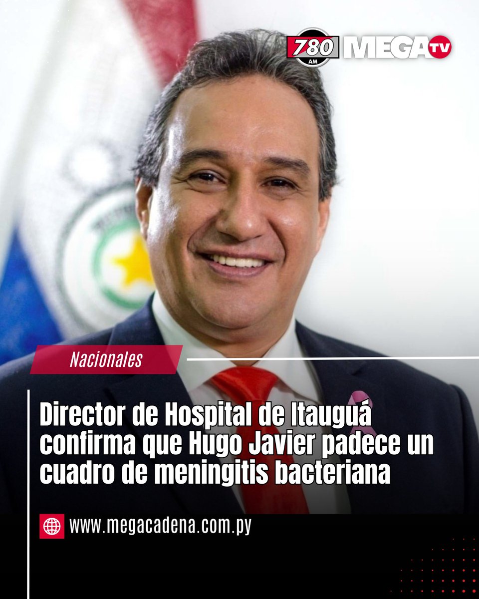 780AM's tweet photo. DIRECTOR DE HOSPITAL DE ITAUGUÁ CONFIRMA QUE HUGO JAVIER PADECE DE UN CUADRO DE MENINGITIS BACTERIANA   

👉El director del Hospital Nacional de Itaguá, José Espínola, confirmó mediante conferencia de prensa, que Hugo Javier tiene signos vitales dentro de rango, respirador con demanda baja y sin picos de fiebre.    

📍 Se confirmó un cuadro de meningitis bacteriana causada por Streptococcus pneumoniae.   

 📍 El coma inducido se prolongará como mínimo 48 horas con control continuo. El equipo médico sigue evaluando su evolución hora a hora. 

  #780AM @Megatv_py