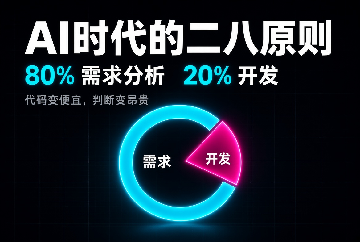 bukgga's tweet photo. AI 时代的二八原则：

80% 做需求分析，20% 做开发。

过去：想个大概就开始写。
现在：想清楚再交给 AI 写。

因为写代码已经变便宜了。
真正昂贵的是判断该写什么。

代码变便宜，判断变昂贵。 https://t.co/JLgfK0KG3C