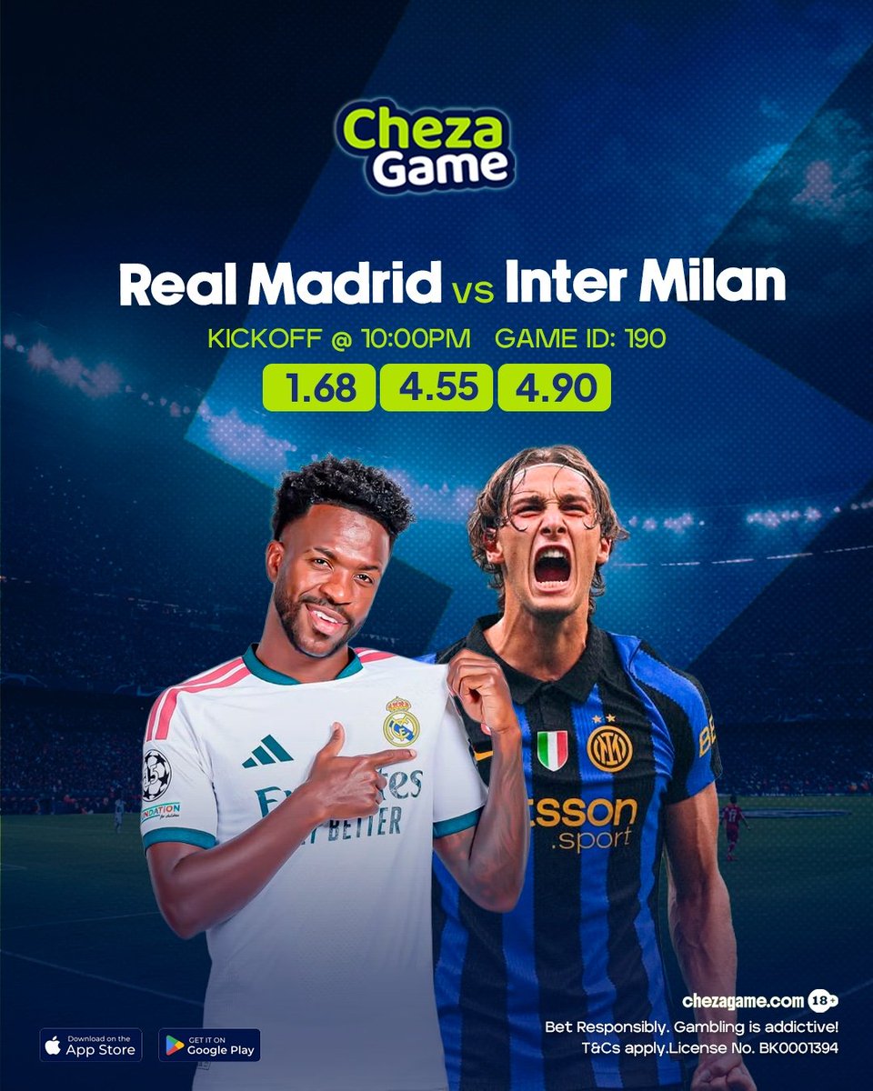 ChezaGameKE's tweet photo. 🔥 Inter vs Real Madrid! 🇮🇹🇪🇸

The Nerazzurri are flying domestically, but Europe tells a different story. 

Can Inter finally break their Real Madrid hoodoo and claim a statement Champions League win? 👀⚽ 

Place your bets here ➡️ https://t.co/tNSsQufWUS #UCL #Inter #RealMadrid https://t.co/q7IHC5UqOF