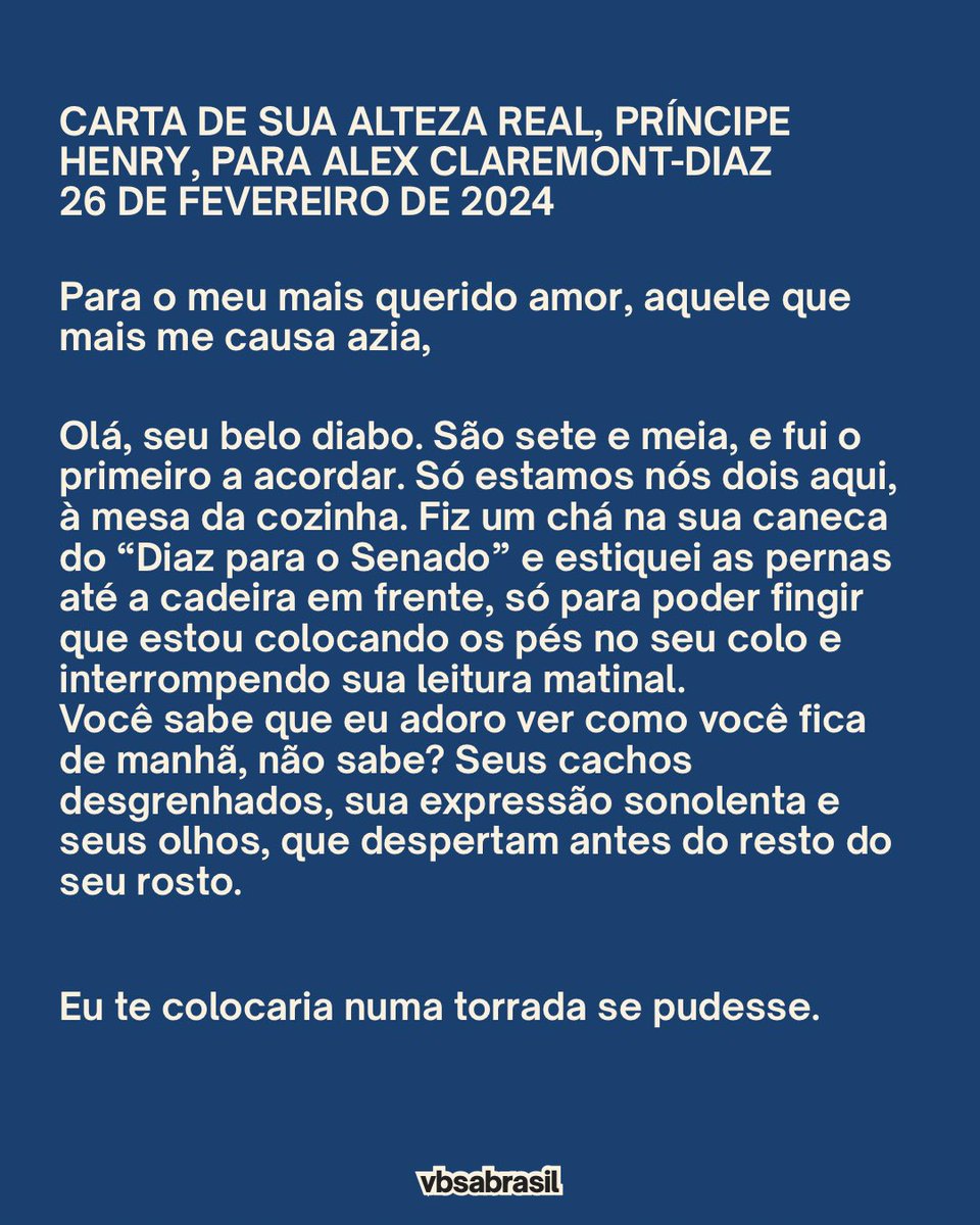 vbsabrasiI's tweet photo. Henry conta sobre uma manhã dos dois sozinhos na cozinha: chá, Alex lendo e ele tentando interromper a leitura colocando os pés no colo dele. | trecho traduzido de uma das cartas de Red, White &amp; Royal Blue: The Private Correspondence, escrita em 26 de fevereiro de 2024, https://t.co/fXt6ftGamm
