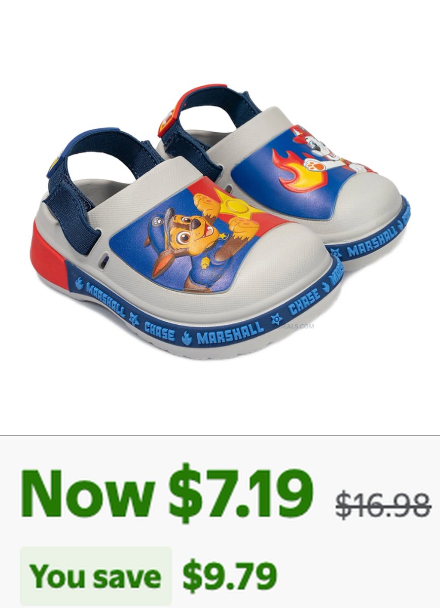 dealerhustles's tweet photo. $7.19 PAW PATROL TODDLER BOYS CLOGS

This strap-up clog in toddler sizes 5 and 6 is 58% off at Walmart

Free 90-day returns

https://t.co/c4DoT9pvmQ

#WalmartPartner #ad https://t.co/aoeM3DPk63