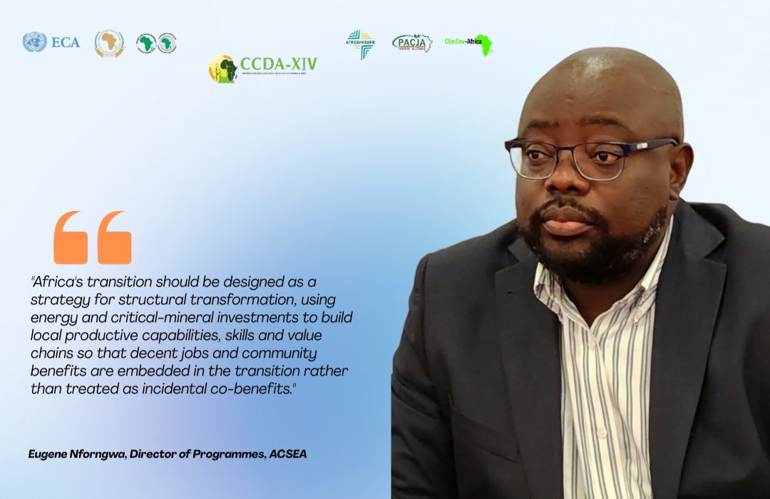 PACJA1's tweet photo. Two powerful voices from CCDA-XIV reminding us that a just transition must be built on shared responsibility and economic transformation.

From producer responsibility across global value chains to investing in local industries, skills, decent jobs and community benefits, Africa's transition must be deliberately designed to deliver justice and lasting prosperity.

Climate action must not shift burdens to communities or leave Africa outside the value it helps create.

#CCDA14 #JustTransition #ClimateJustice #AfricaClimateAction #EnergyTransition #EconomicTransformation #AddisAbaba