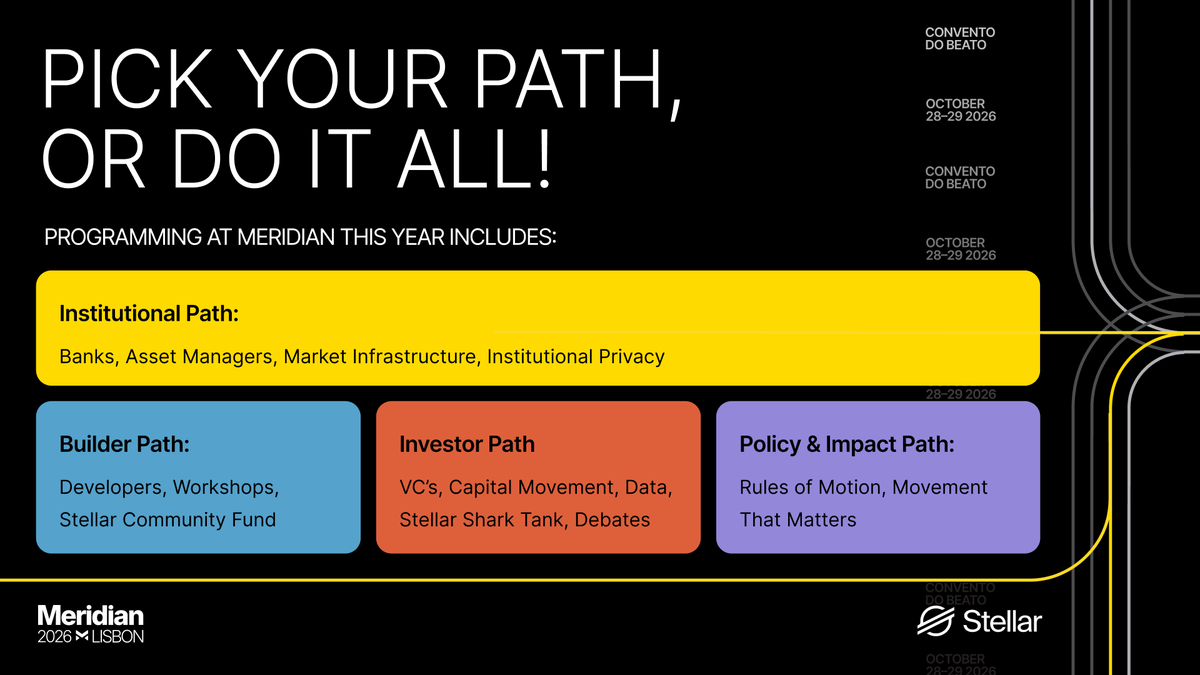 StellarOrg's tweet photo. No matter where you're going, we've got a path to take you there. 

Builders, investors, policymakers, and institutional leaders — Meridian 2026 has something for you 👇 https://t.co/uuRvAHPXSn