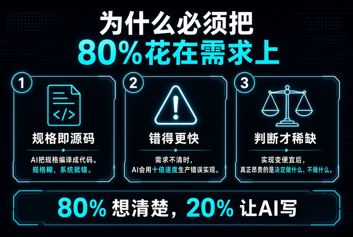 bukgga's tweet photo. 为什么必须把 80% 花在需求上：

1.  规格即源码：AI 把规格编译成代码，规格模糊，系统就容易出错。

2. 错得更快：需求不清时，AI 会用十倍速度生产错误实现。

3.  判断稀缺：实现变便宜后，真正贵的是决定做什么、不做什么。

Vibe coding 适合验证。
Spec coding 适合交付。 https://t.co/5xqL1XxKzZ