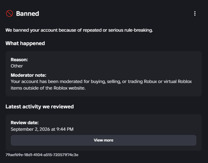hitsho_o's tweet photo. After being on Roblox since 2014, my account i_hitsho was banned for alleged "off-platform Robux trading". 
My income comes from major Roblox projects, commissions, group payouts and DevEx, yet Support will not identify a single transaction or provide any meaningful help.

I stayed quiet while trying to resolve this privately, but many developers have now received the exact same moderation around the same time. This clearly looks like another broken pattern caused by Roblox’s underdeveloped AI systems. Accounts, years of work and Robux balances should not disappear without evidence or a real human review.

@Roblox @robloxdevrel please look into this.

Username: i_hitsho
Ticket ID: 181306127