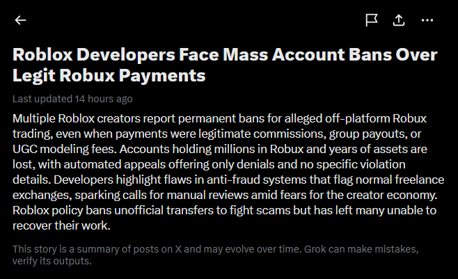 hitsho_o's tweet photo. After being on Roblox since 2014, my account i_hitsho was banned for alleged "off-platform Robux trading". 
My income comes from major Roblox projects, commissions, group payouts and DevEx, yet Support will not identify a single transaction or provide any meaningful help.

I stayed quiet while trying to resolve this privately, but many developers have now received the exact same moderation around the same time. This clearly looks like another broken pattern caused by Roblox’s underdeveloped AI systems. Accounts, years of work and Robux balances should not disappear without evidence or a real human review.

@Roblox @robloxdevrel please look into this.

Username: i_hitsho
Ticket ID: 181306127