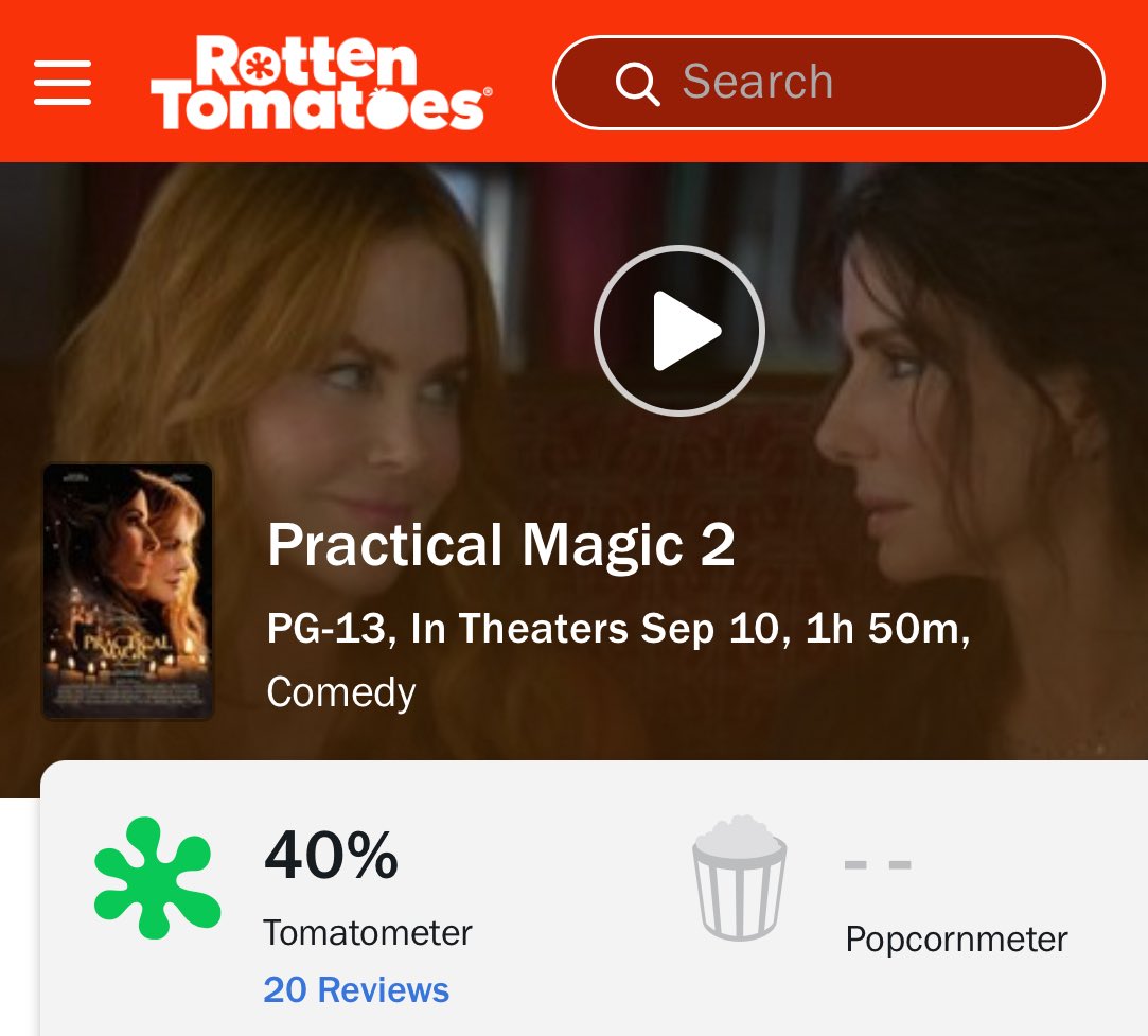 FilmUpdates's tweet photo. ‘PRACTICAL MAGIC 2’ debuts at 40% on Rotten Tomatoes from 20 reviews. https://t.co/tGqxd6ElI1