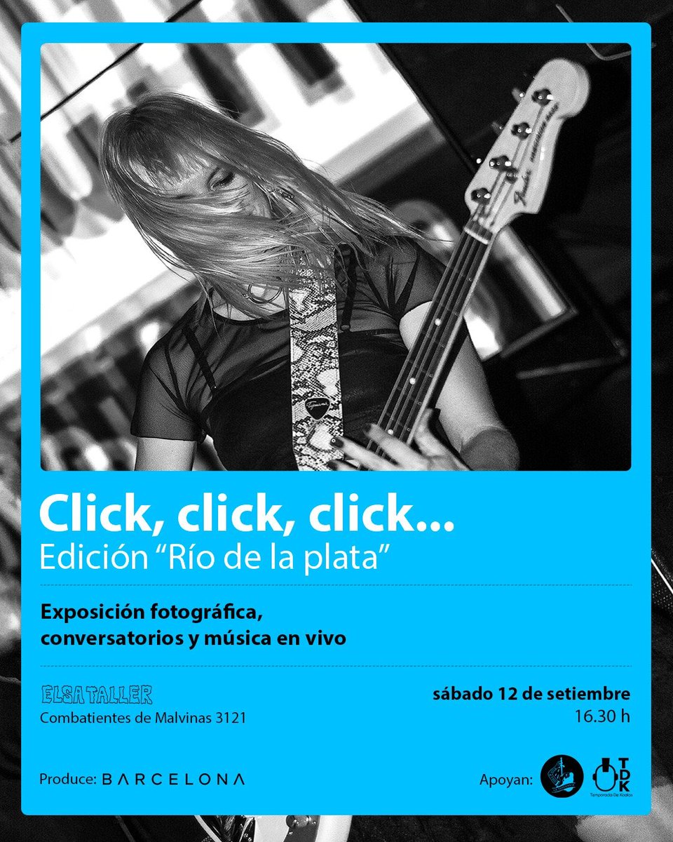 fabianjaraokei's tweet photo. Sábado 12 muestra fotográfica desde Uruguay a #ElsaTaller la muestra ClickClickClick con imágenes musicales del Río de la Plata capturafas por @Phiop_uy @gonzabeiro y Paul Hernández 
Desde las 16:30 con show de #JazPimentel y conversatorio con la genial #MaluCampello
Dirección en el flyer !