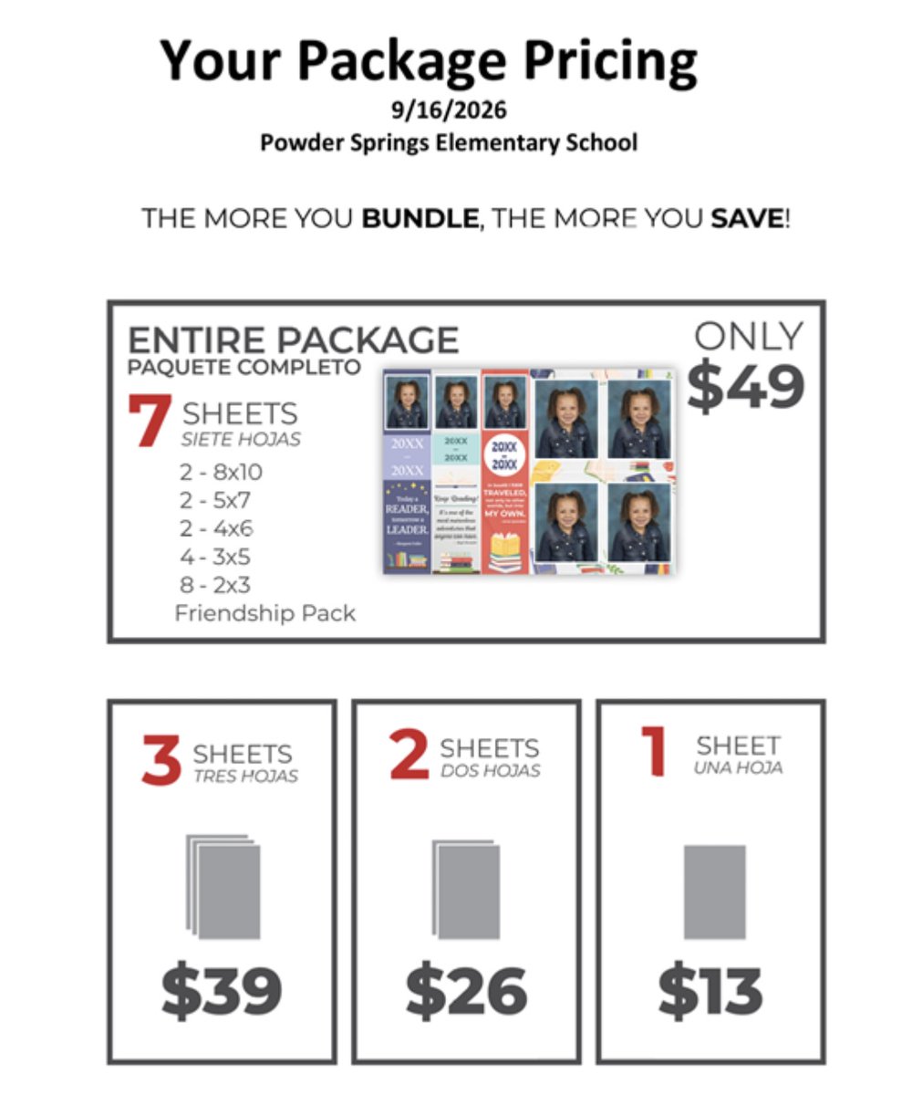 PowderSpringsES's tweet photo. Get Ready for Picture 📸 Day on Wednesday September 16th! Here are the prices for pictures. Once your photo package is sent home, follow the directions in the package to purchase 📷. https://t.co/9OJ5VUFYMt