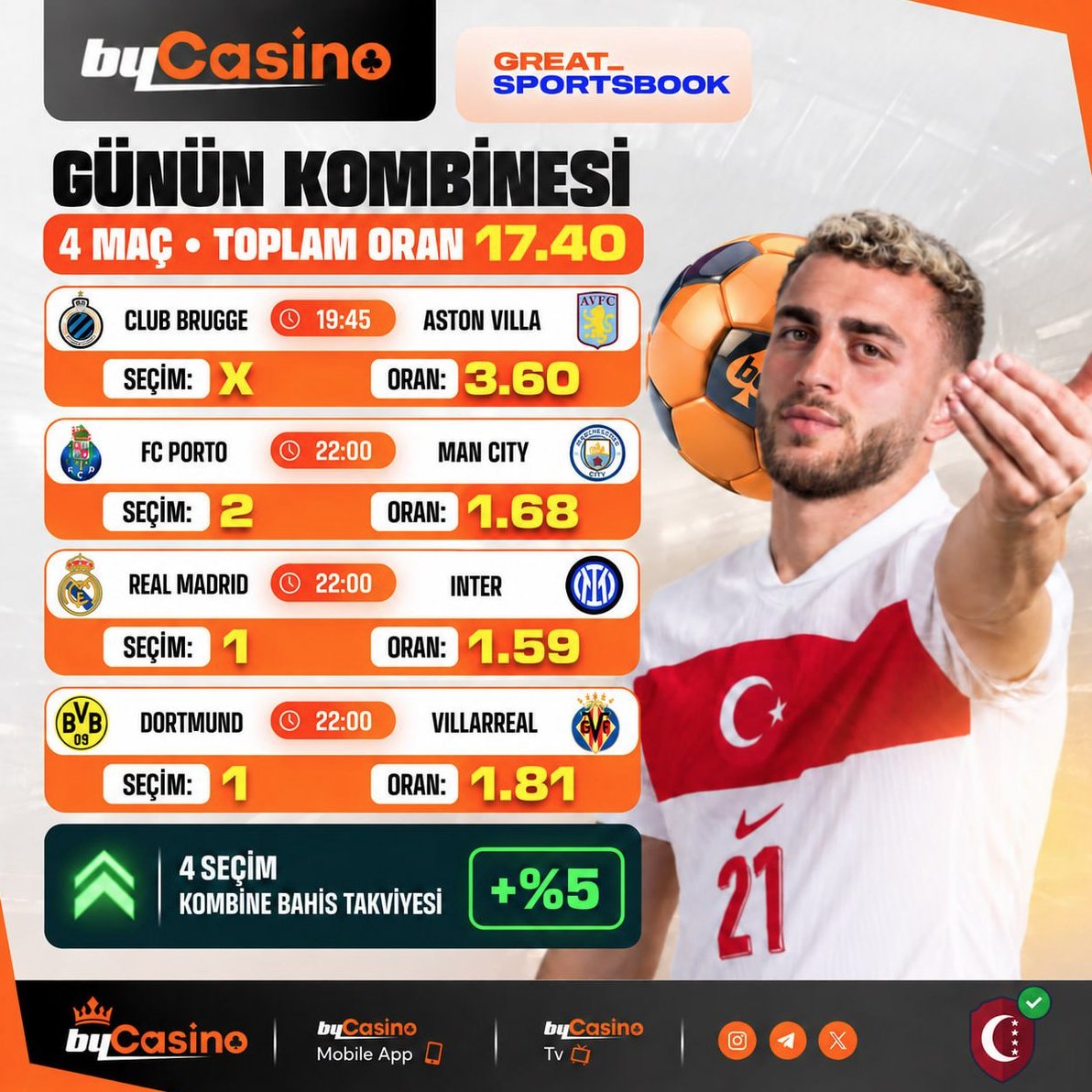 bysportszone's tweet photo. 🔥 17.40 Oranla #ŞampiyonlarLigi! 🚀

⚡️ 4 Seçimlik Kombinene Özel +%5 Bahis Takviyesi!
"kuponuna 1 maç daha ekle, 5 seçimle tam +%10 yakala!

🔗 https://t.co/EMEhpZcWYQ https://t.co/KOeul0diIw