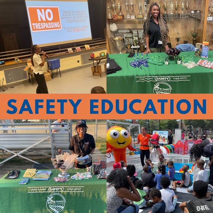 Collage of safety education events, featuring a person standing behind a display table of trophies, another presenting at a school, a third at an outdoor setup with safety information, and a crowd of children watching a presentation involving a mascot.