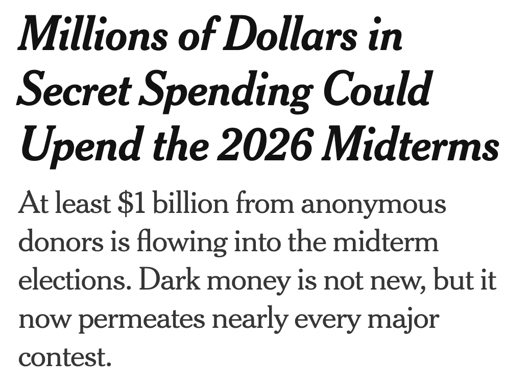 ewarren's tweet photo. .@NYTimes reports $1 BILLION in secret money flooding our elections.

Corporate donors hiding behind shell nonprofits.

Billionaires secretly picking our candidates.

This isn't democracy—it's corruption.

We need REAL campaign finance reform NOW. https://t.co/fEK2aN2JqW