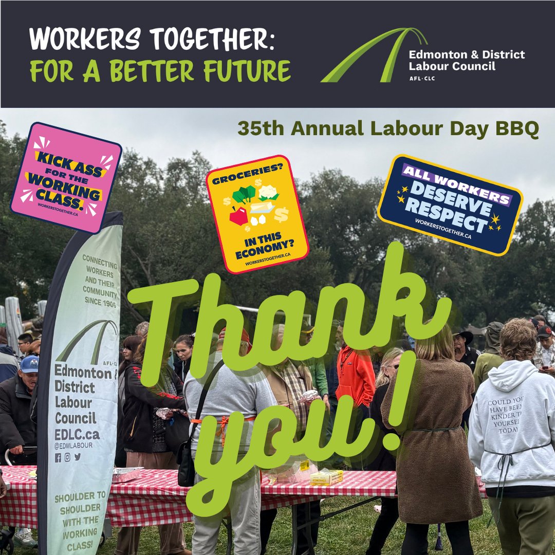 EdmLabour's tweet photo. 35 years of celebrating labour day with our community in the heart of our city. We ran out of 2500 Hamburgers, 2000 Hot Dogs, 1200 kg of Bananas &amp; Oranges and dozens of crates of Milk in 3 hours! 

Thank you to all our volunteers, sponsors, and community for celebrating with us! https://t.co/8lCPycjvji